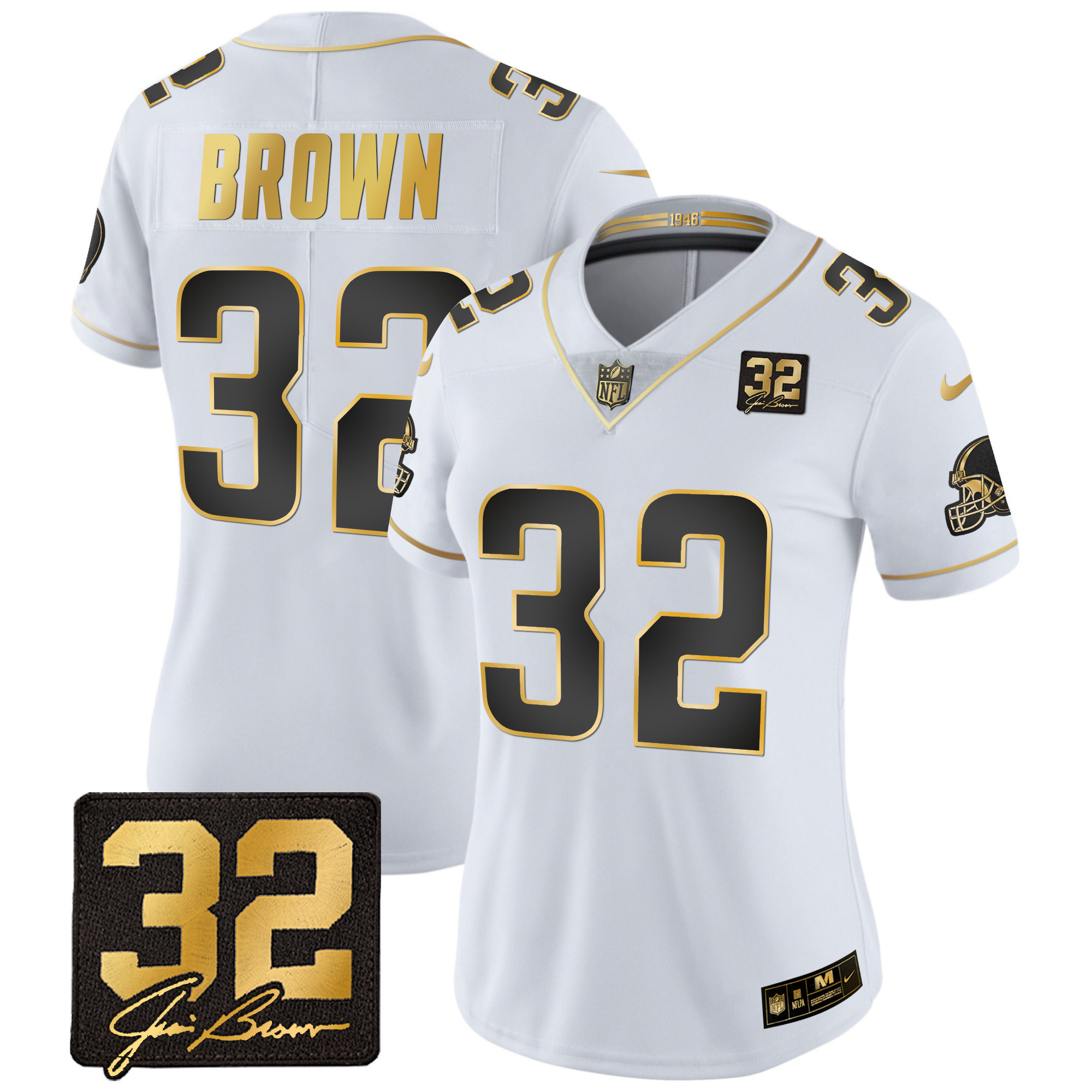 Women's Cleveland Browns #32 Jim Brown Memorial Patch Gold White Gold Jersey - All Stitched