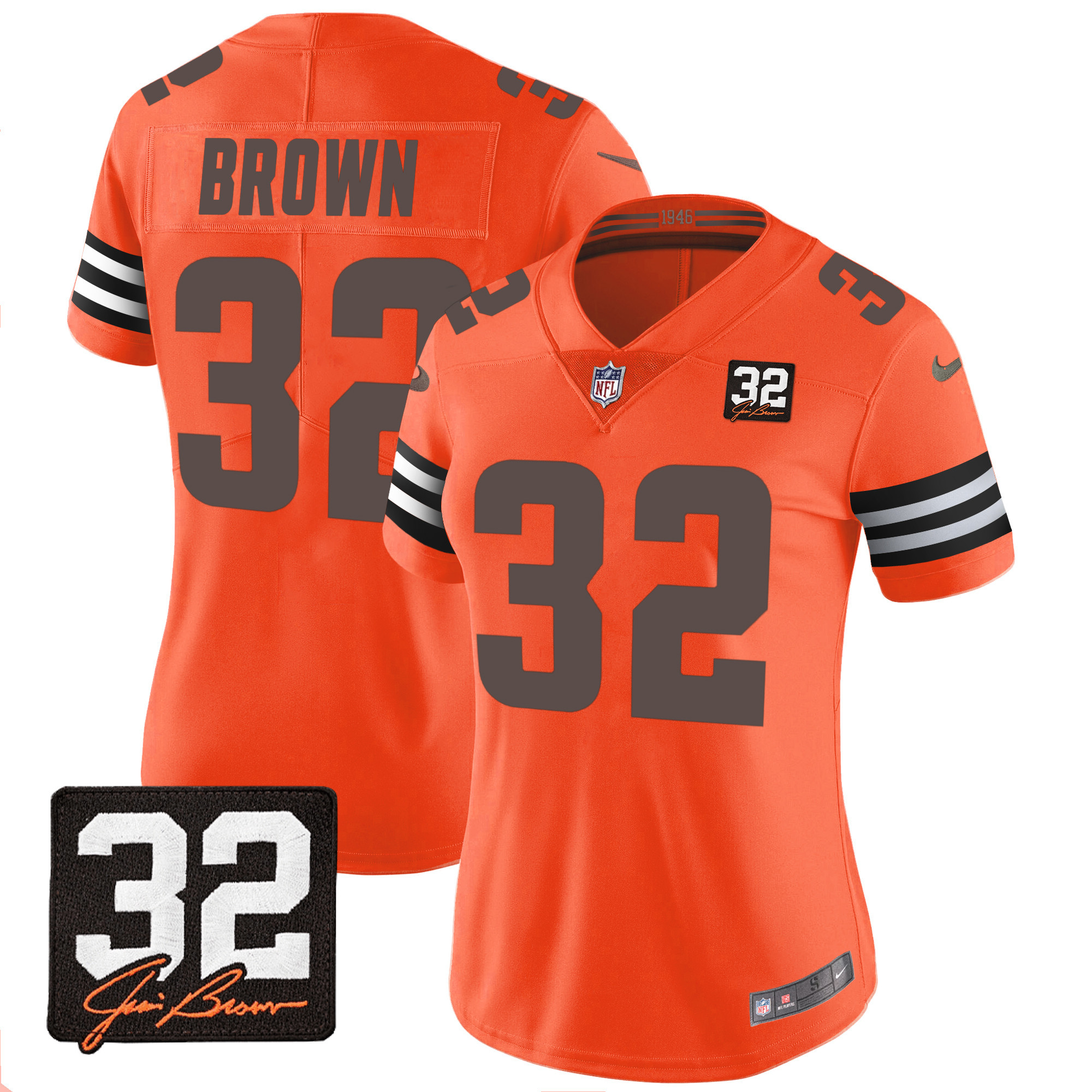 Women's Cleveland Browns #32 Jim Brown Memorial Patch Orange Jersey - All Stitched