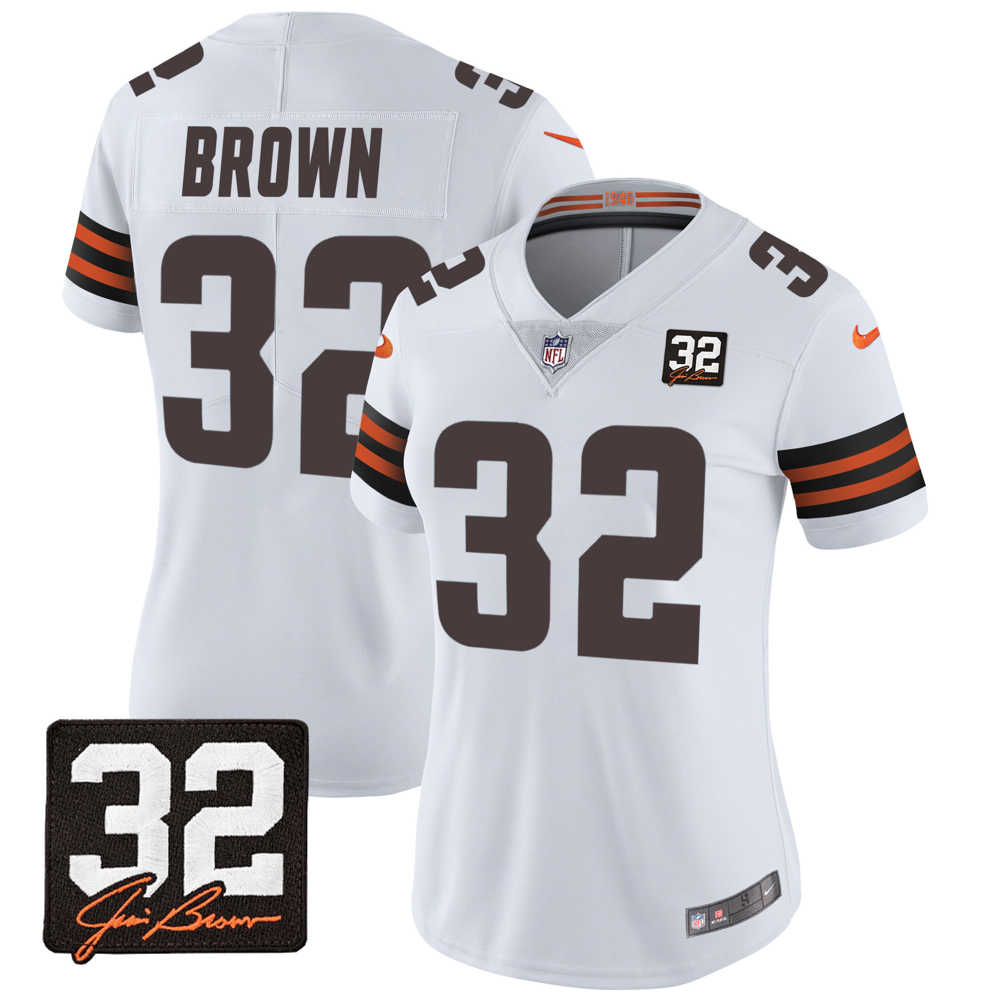 Women's Cleveland Browns #32 Jim Brown Memorial Patch White Jersey - All Stitched