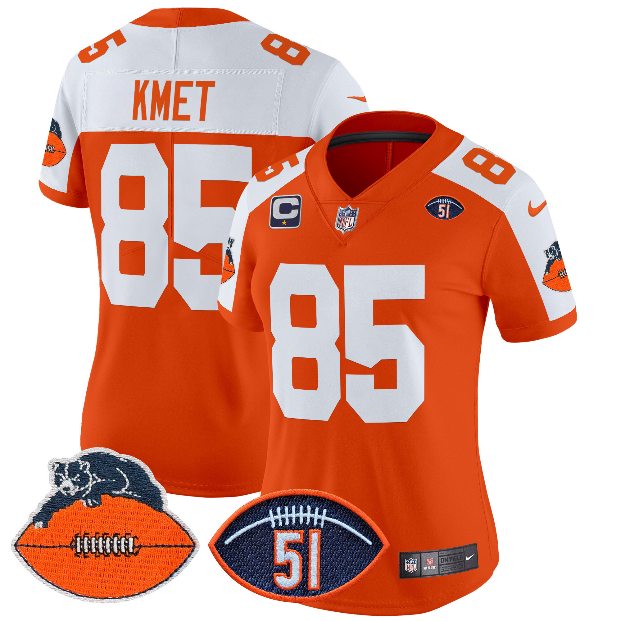 Women's Cole Kmet Chicago Bears Dick Butkus Patch Throwback Vapor Limited Orange Alternate Jersey - All Stitched