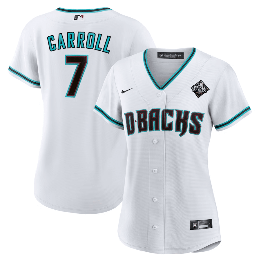 Women's Corbin Carroll Arizona Diamondbacks 2023 World Series Patch - White Jersey - All Stitched