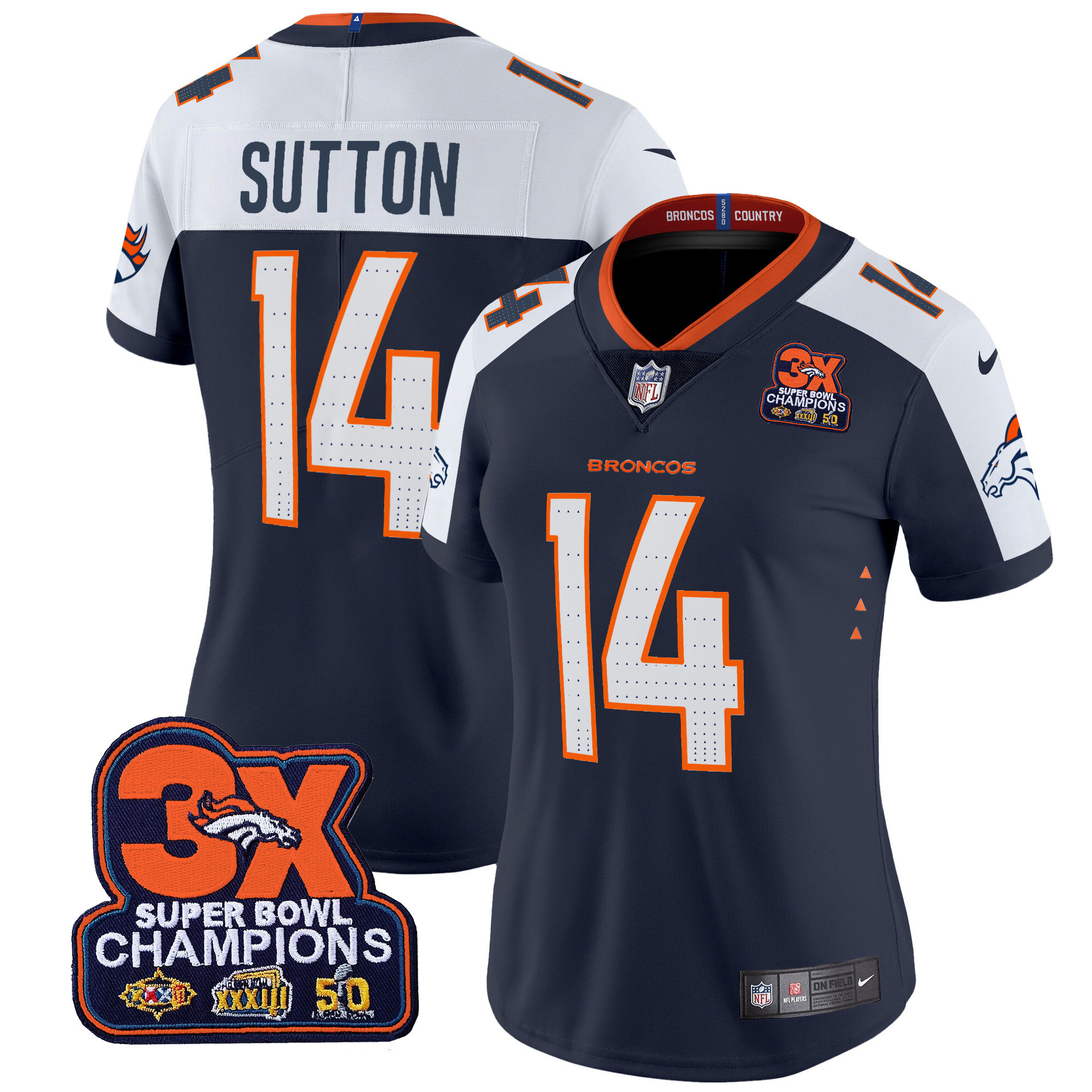 Women's Courtland Sutton Denver Broncos 3-Time Champions Patch Vapor Limited Navy Alternate Jersey - All Stitched