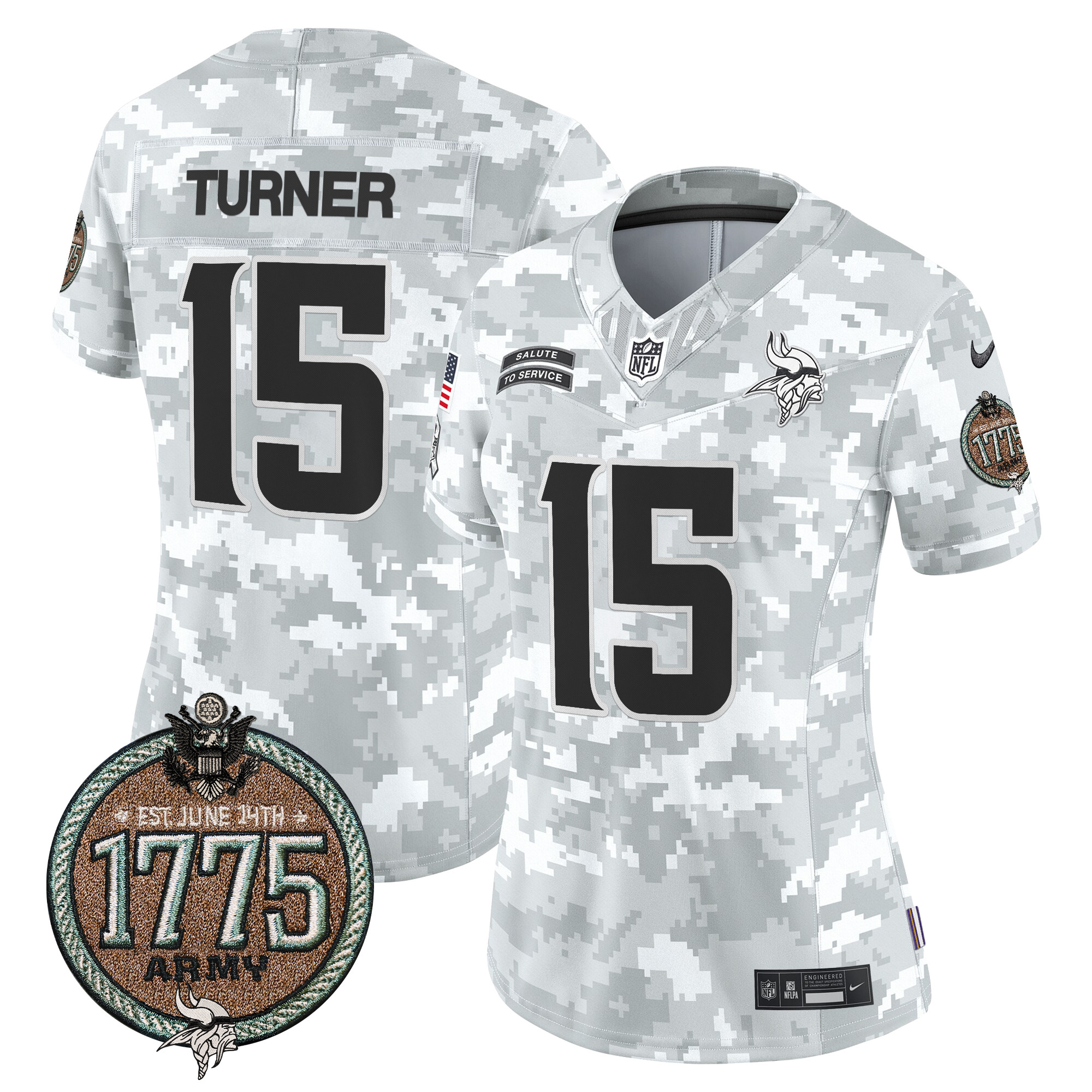 Women's Dallas Turner Minnesota Vikings 2024 Salute to Service Establishment Year Patch Vapor Limited Army Jersey - All Stitched
