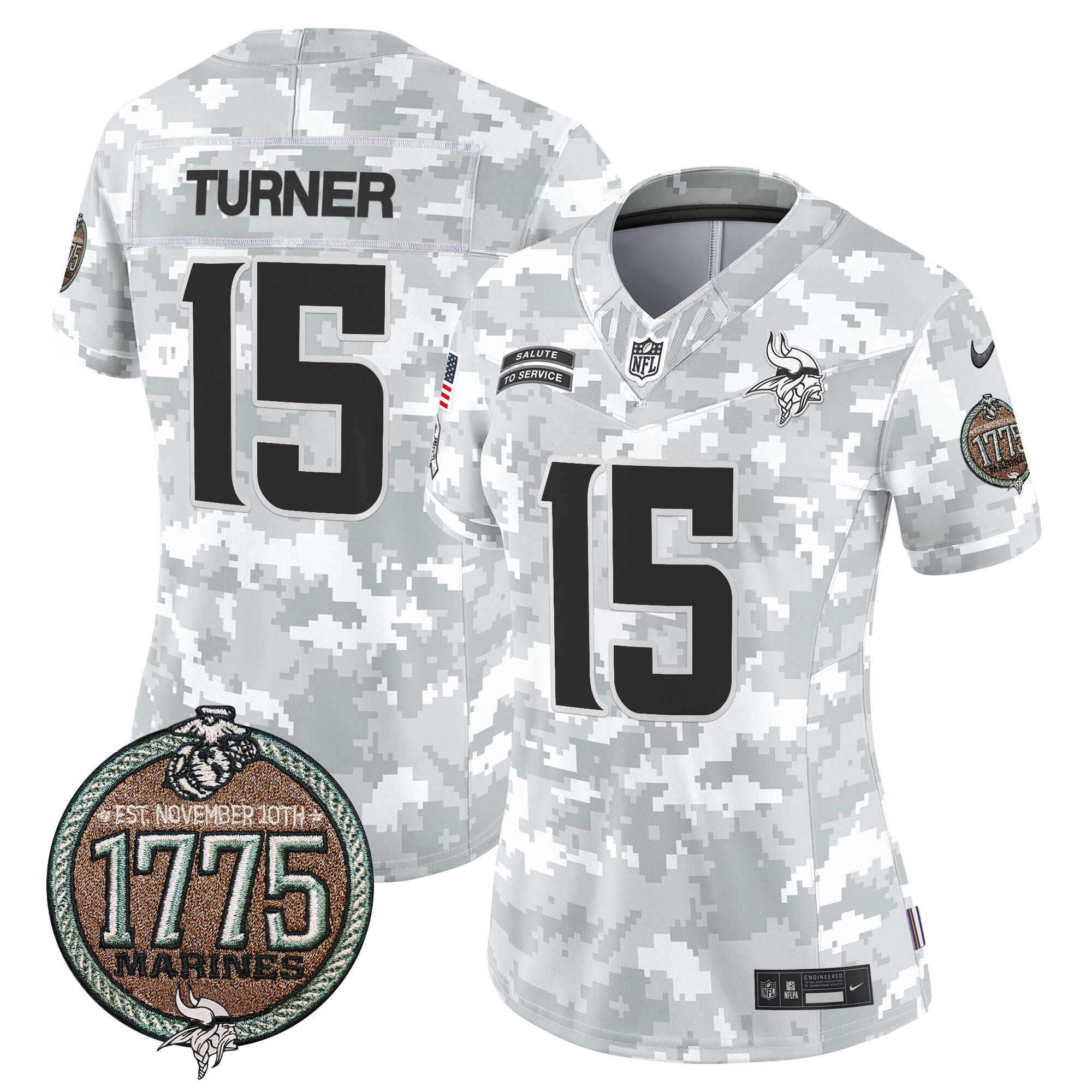 Women's Dallas Turner Minnesota Vikings 2024 Salute to Service Establishment Year Patch Vapor Limited Marines Jersey - All Stitched
