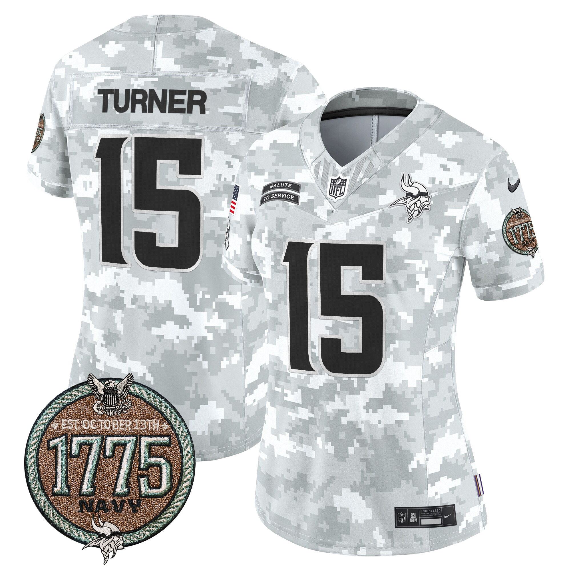 Women's Dallas Turner Minnesota Vikings 2024 Salute to Service Establishment Year Patch Vapor Limited Navy Jersey - All Stitched