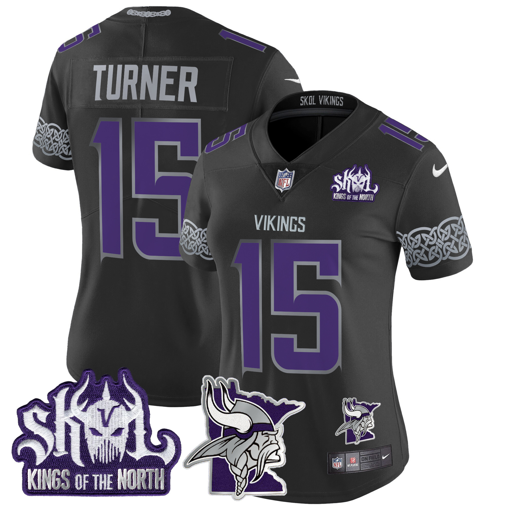 Women's Dallas Turner Minnesota Vikings 2024 Winter Warrior Skol Patch Vapor Limited Black Jersey V2 - All Stitched