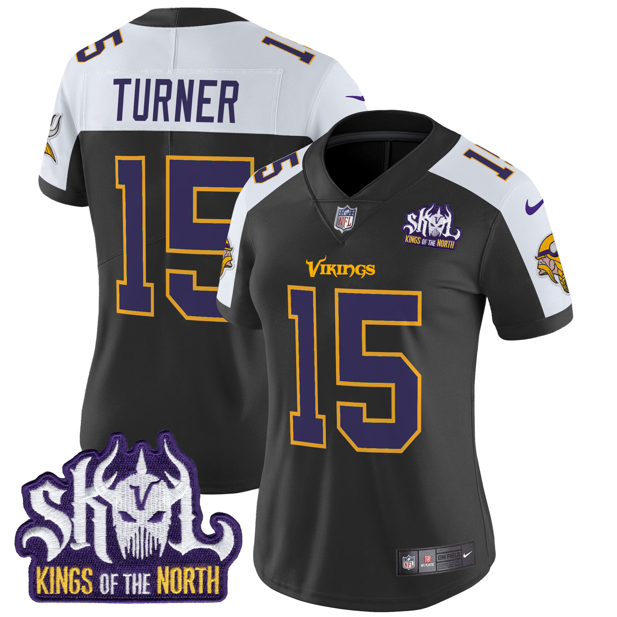 Women's Dallas Turner Minnesota Vikings King Of The North Patch Throwback Vapor Limited Black Alternate Jersey - All Stitched