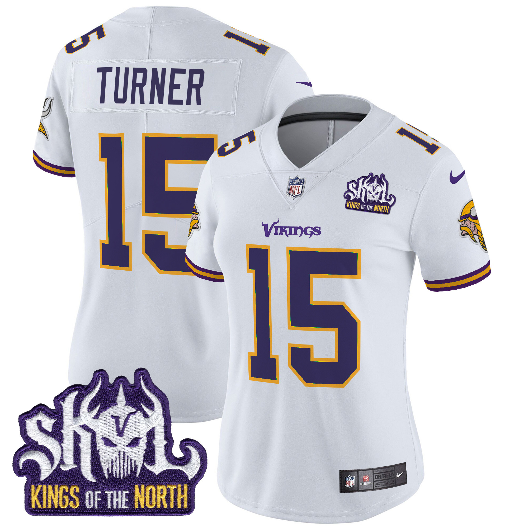 Women's Dallas Turner Minnesota Vikings King Of The North Patch Throwback Vapor Limited White Jersey - All Stitched