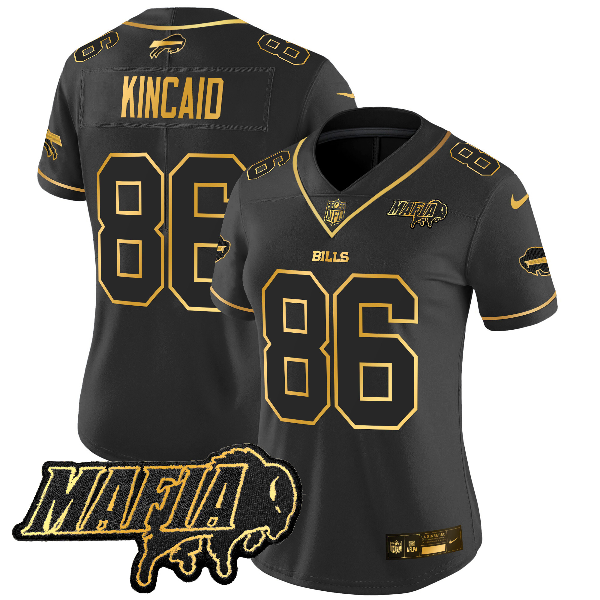Women's Dalton Kincaid Buffalo Bills 2024 Buffalo Bills Mafia Patch Gold Vapor Limited Black Gold Jersey - All Stitched