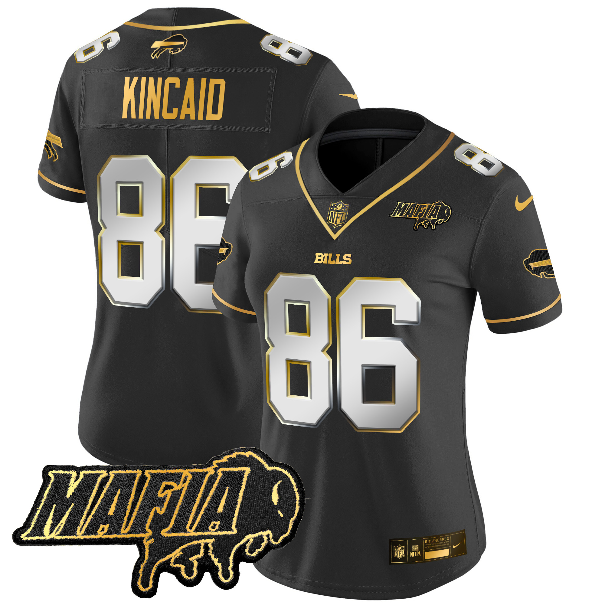 Women's Dalton Kincaid Buffalo Bills 2024 Buffalo Bills Mafia Patch Gold Vapor Limited Black Limited Jersey - All Stitched