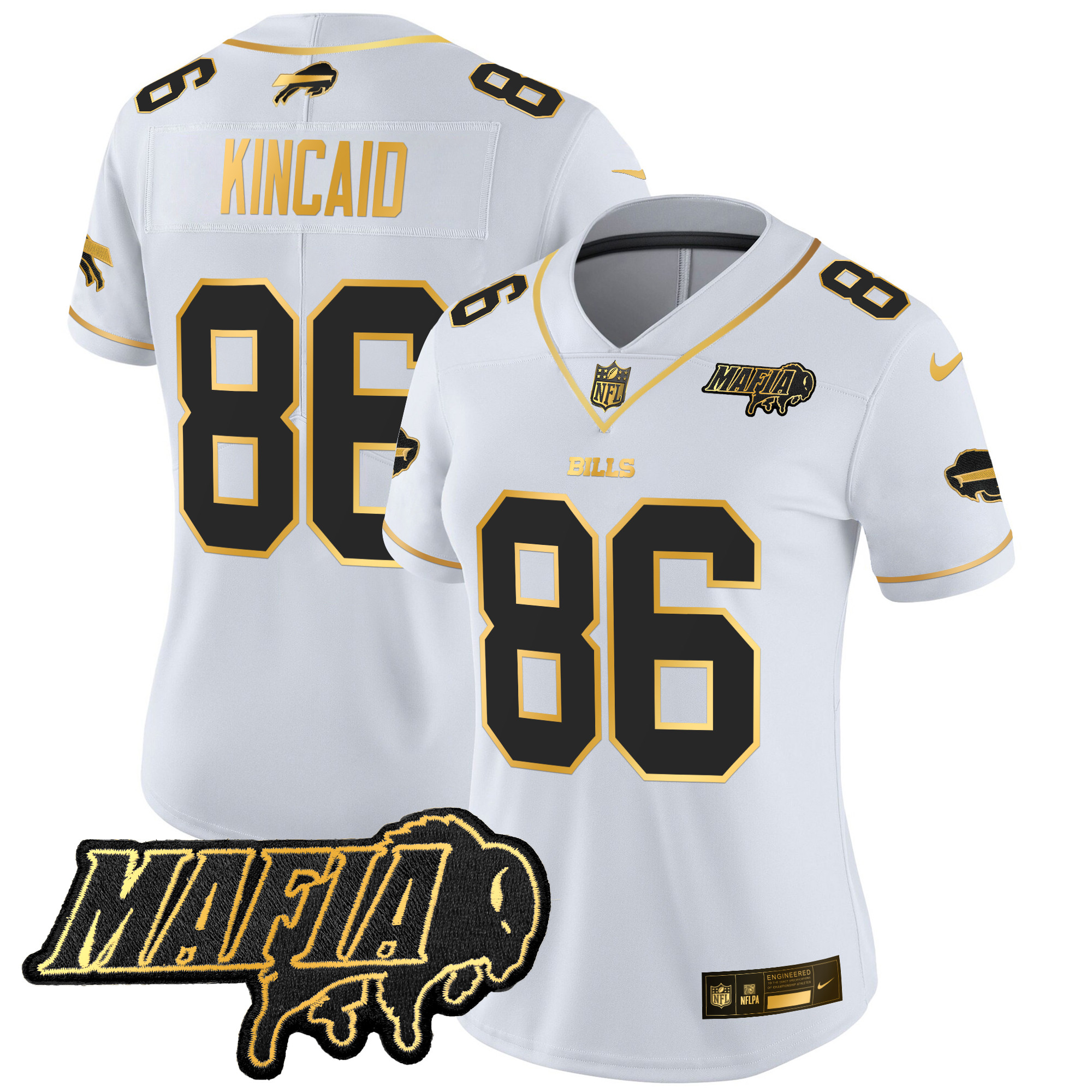 Women's Dalton Kincaid Buffalo Bills 2024 Buffalo Bills Mafia Patch Gold Vapor Limited White Gold Jersey - All Stitched