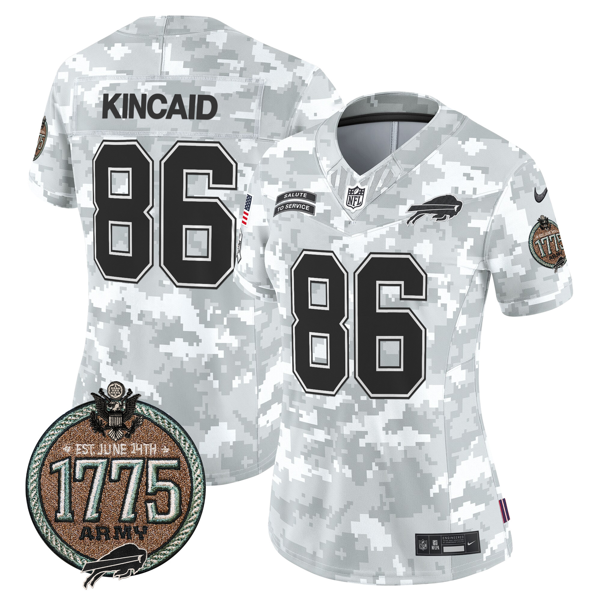 Women's Dalton Kincaid Buffalo Bills 2024 Salute to Service Establishment Year Patch Vapor Limited Army Jersey - All Stitched