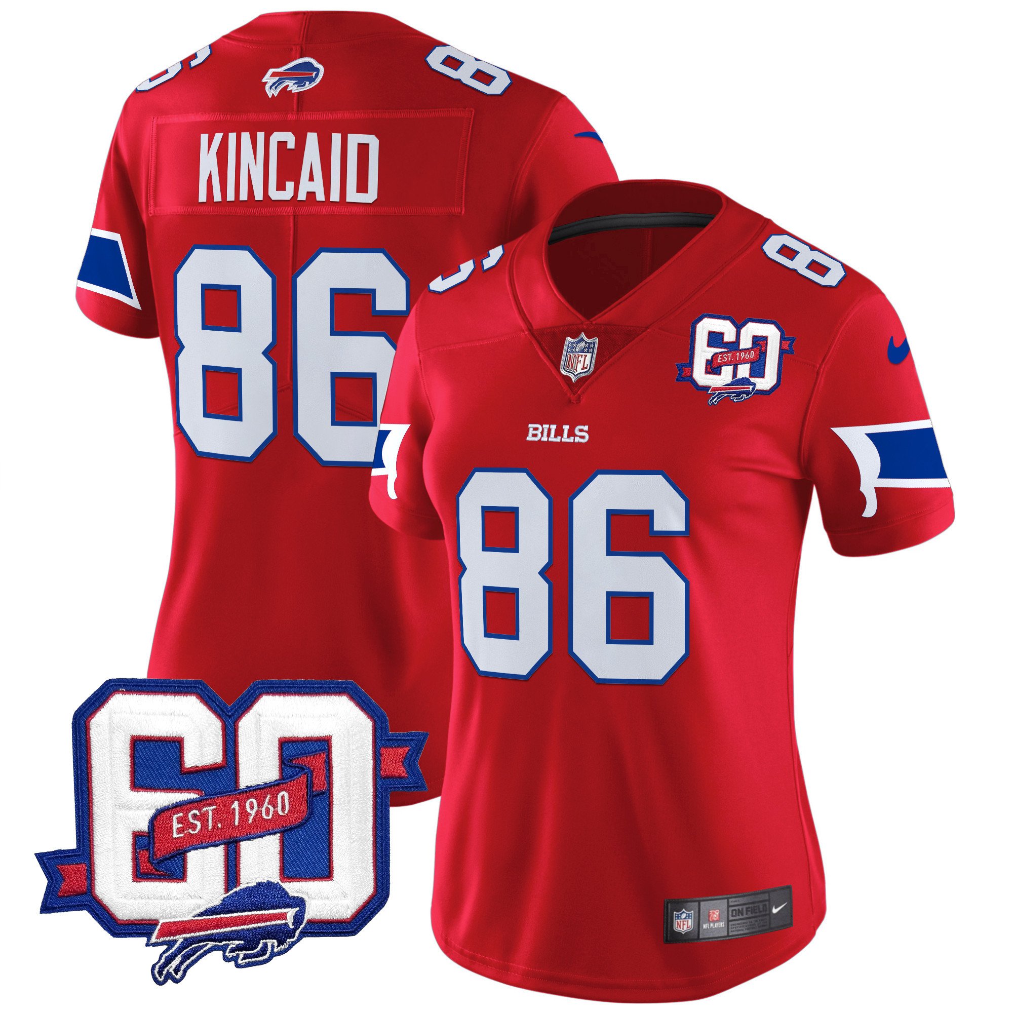 Women's Dalton Kincaid Buffalo Bills 60th Anniversary Patch Vapor Limited Red Jersey - All Stitched