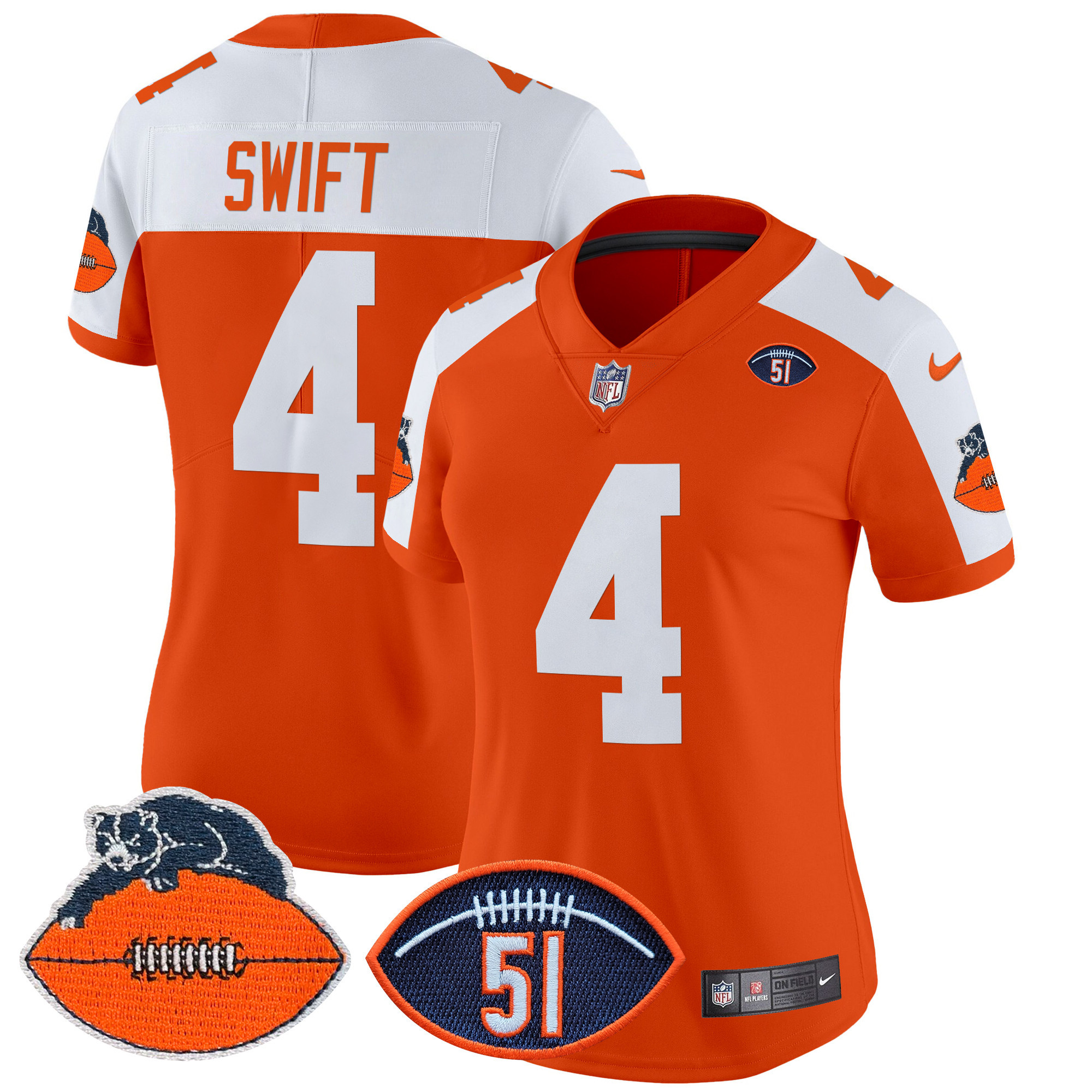 Women's D'Andre Swift Chicago Bears Dick Butkus Patch Throwback Vapor Limited Orange Alternate Jersey - All Stitched