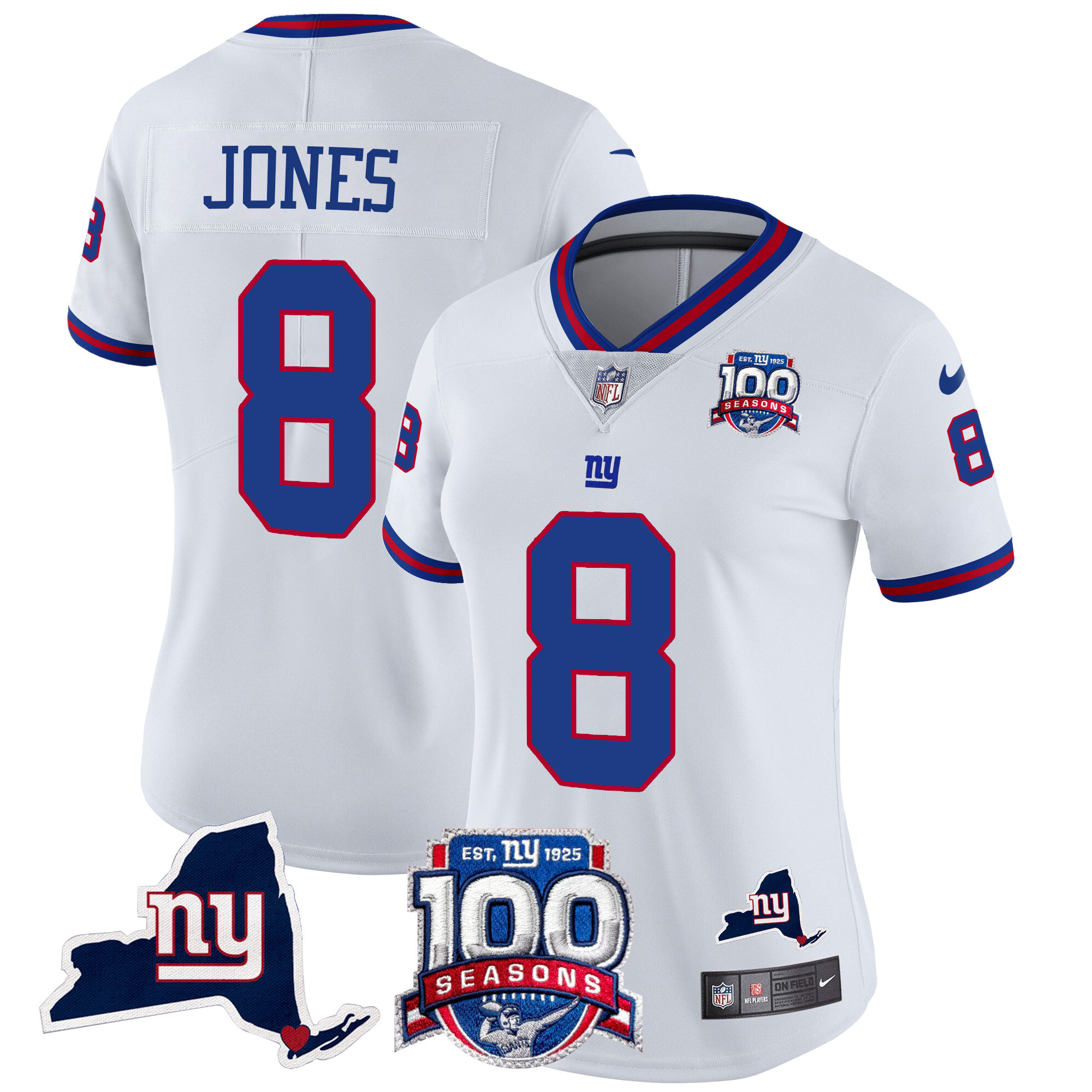 Women's Daniel Jones New York Giants 100th Season & State Patch Vapor Limited White Jersey - All Stitched