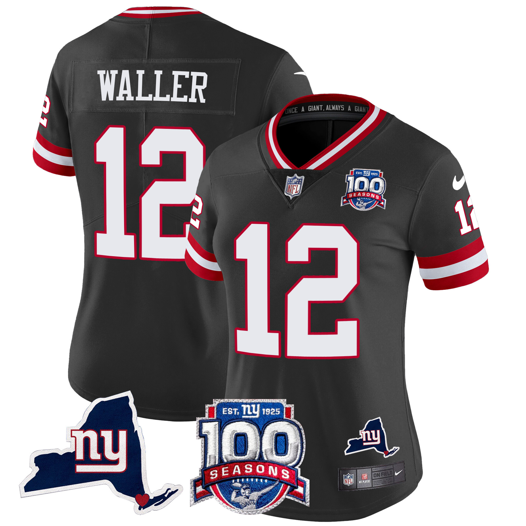 Women's Darren Waller New York Giants 100th Season & State Patch Vapor Limited Black Jersey - All Stitched