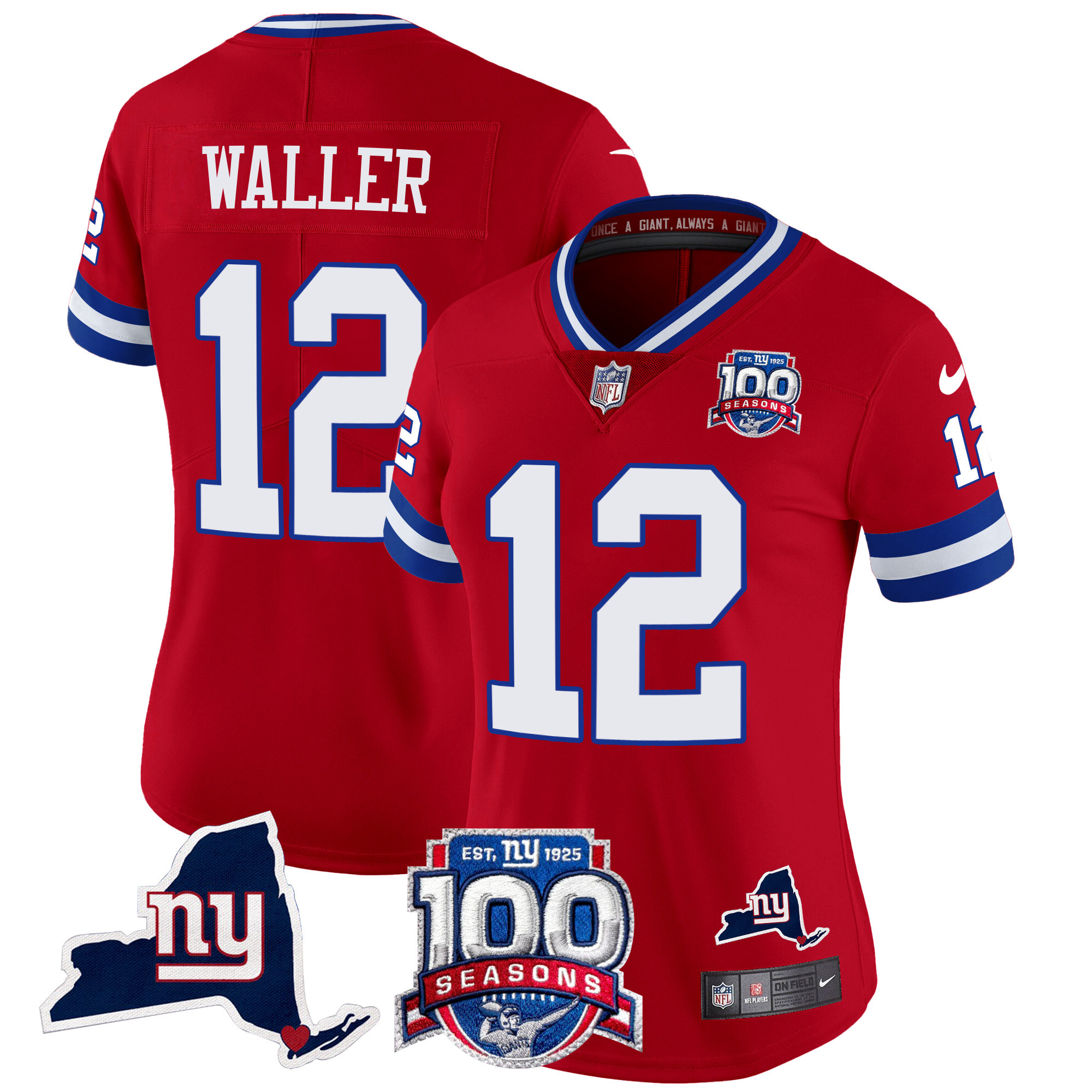 Women's Darren Waller New York Giants 100th Season & State Patch Vapor Limited Red Jersey - All Stitched
