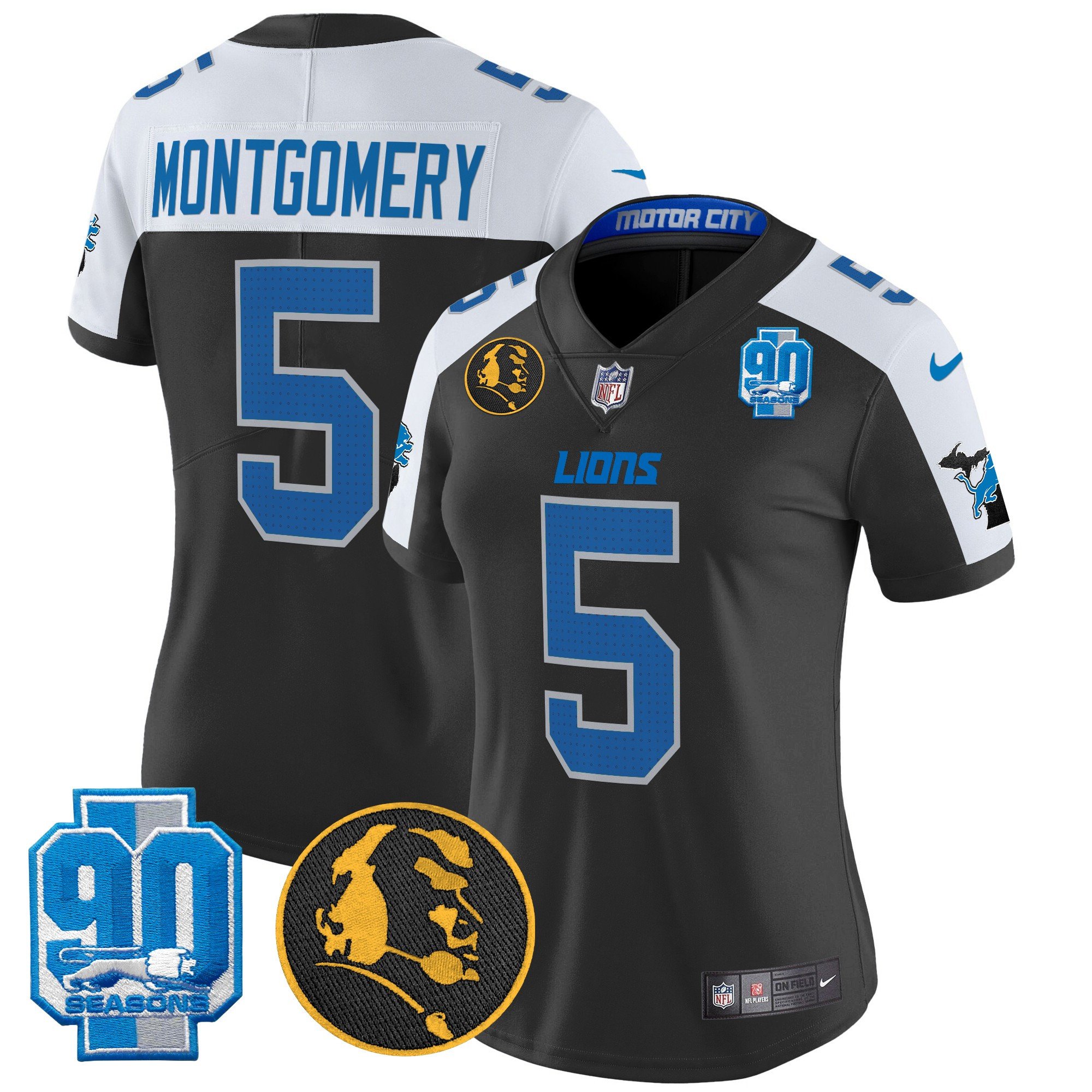 Women's David Montgomery Detroit Lions 2024 90th & John Madden Patch Vapor Limited Black Alternate Jersey - All Stitched