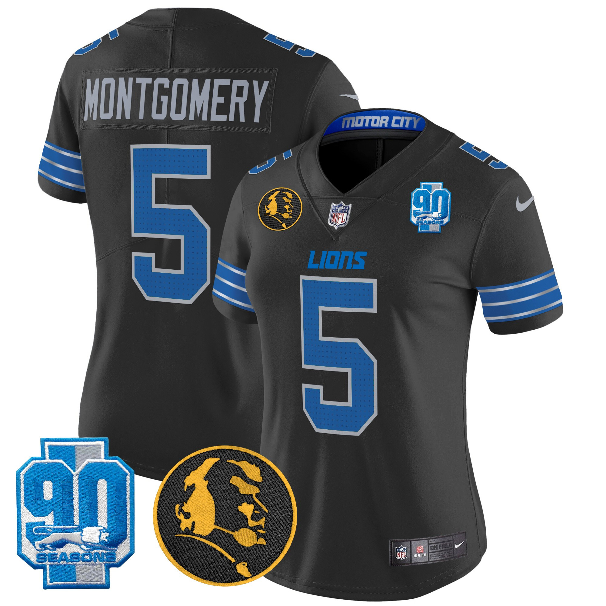 Women's David Montgomery Detroit Lions 2024 90th & John Madden Patch Vapor Limited Black Jersey - All Stitched