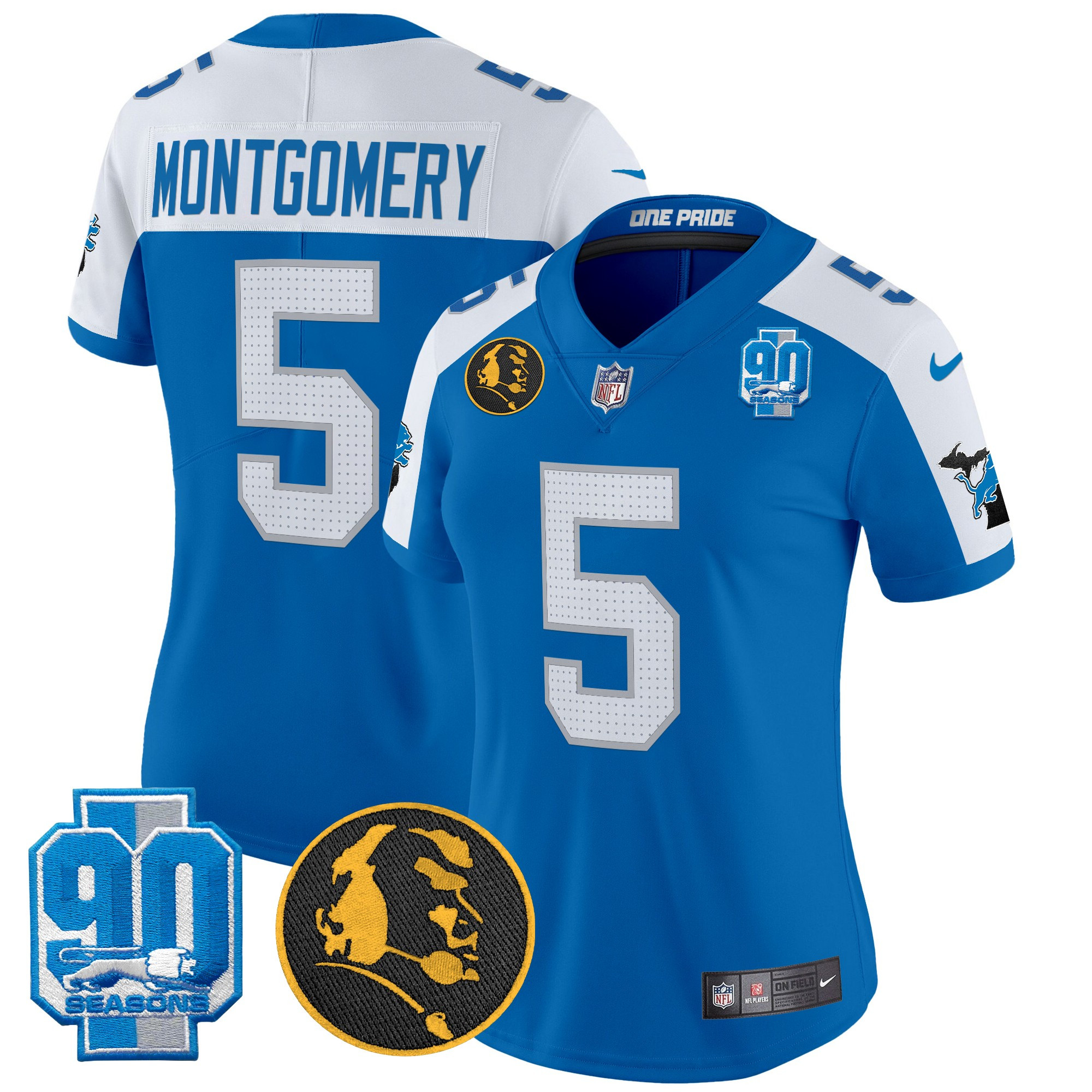 Women's David Montgomery Detroit Lions 2024 90th & John Madden Patch Vapor Limited Blue Alternate Jersey - All Stitched
