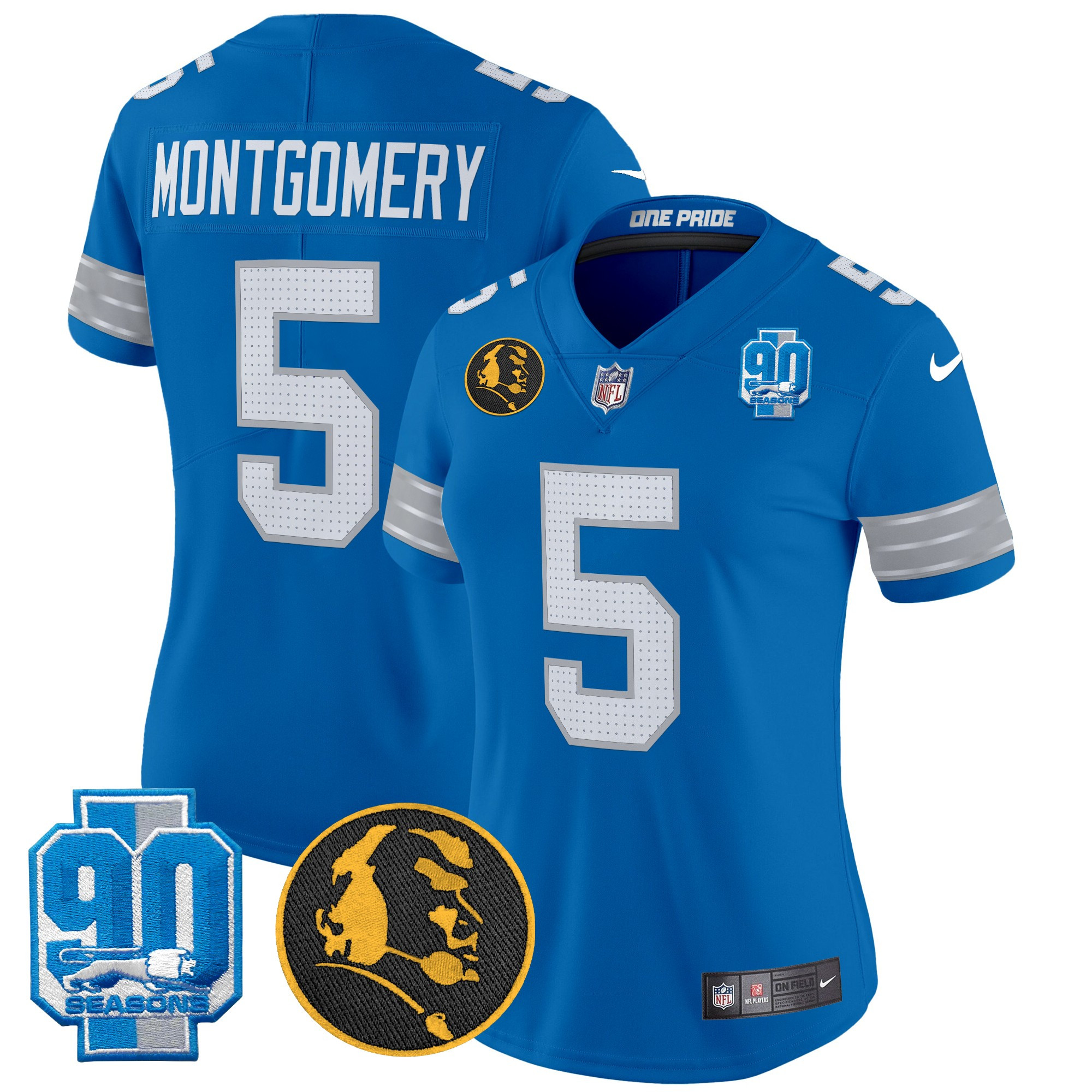 Women's David Montgomery Detroit Lions 2024 90th & John Madden Patch Vapor Limited Blue Jersey - All Stitched