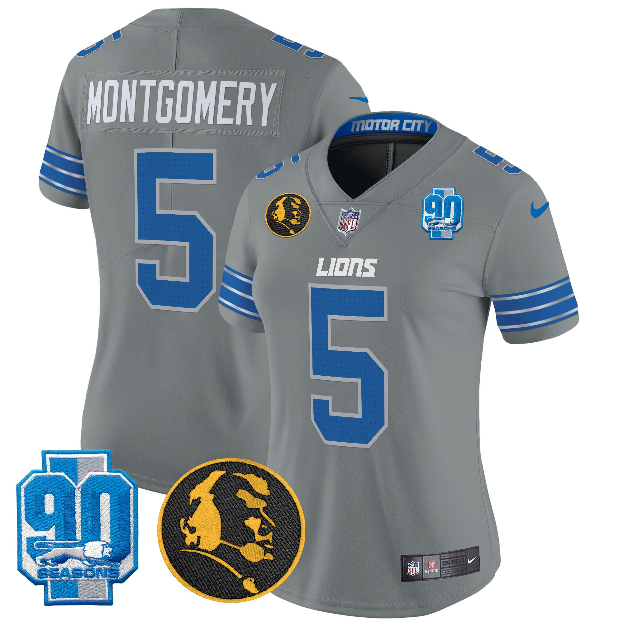 Women's David Montgomery Detroit Lions 2024 90th & John Madden Patch Vapor Limited Gray Jersey - All Stitched