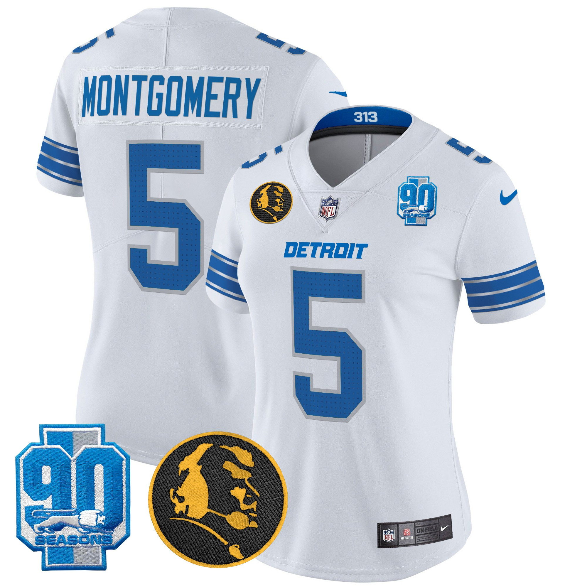 Women's David Montgomery Detroit Lions 2024 90th & John Madden Patch Vapor Limited White Jersey - All Stitched