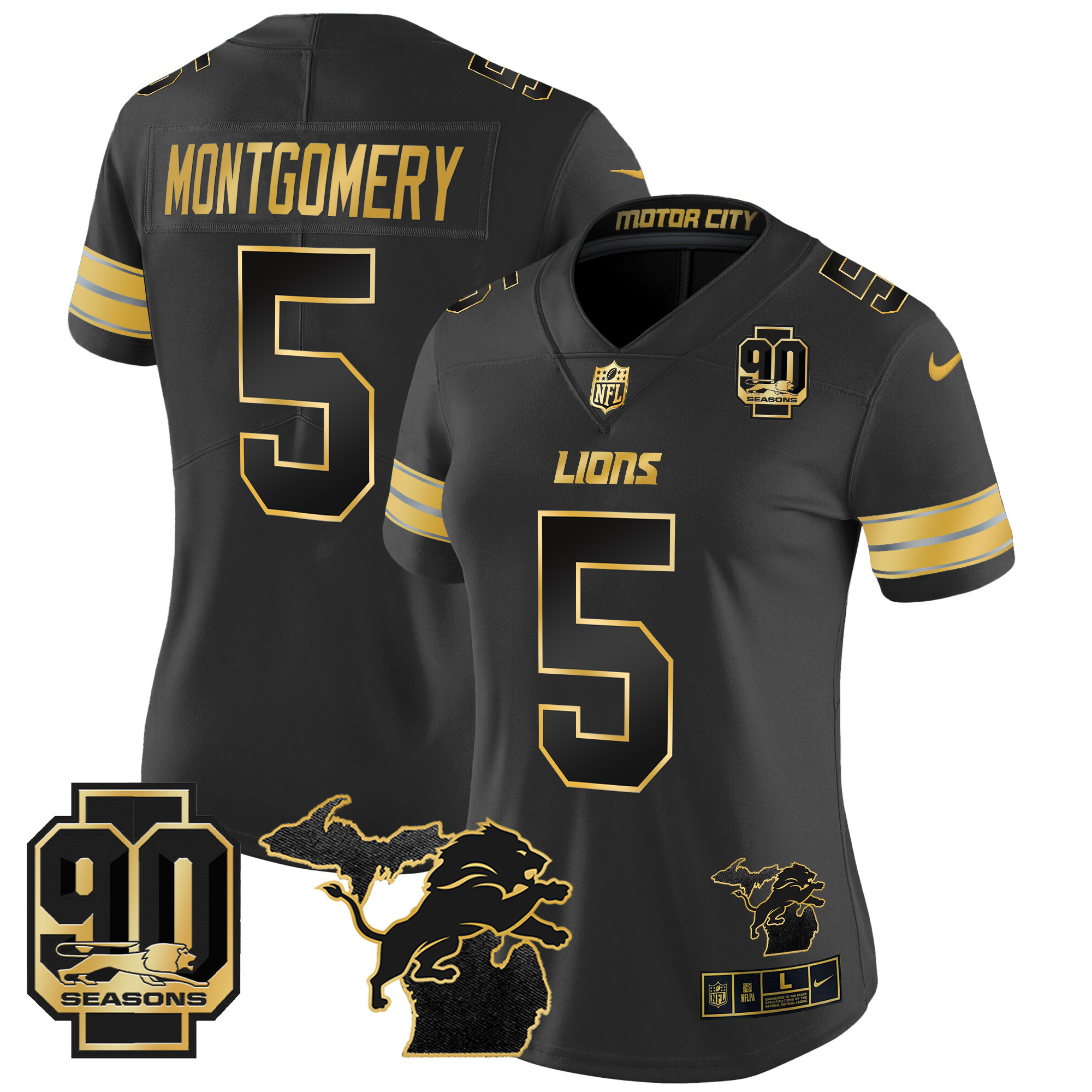 Women's David Montgomery Detroit Lions 2024 Michigan & 90th Year Patch Gold Vapor Limited Black Gold Jersey - All Stitched