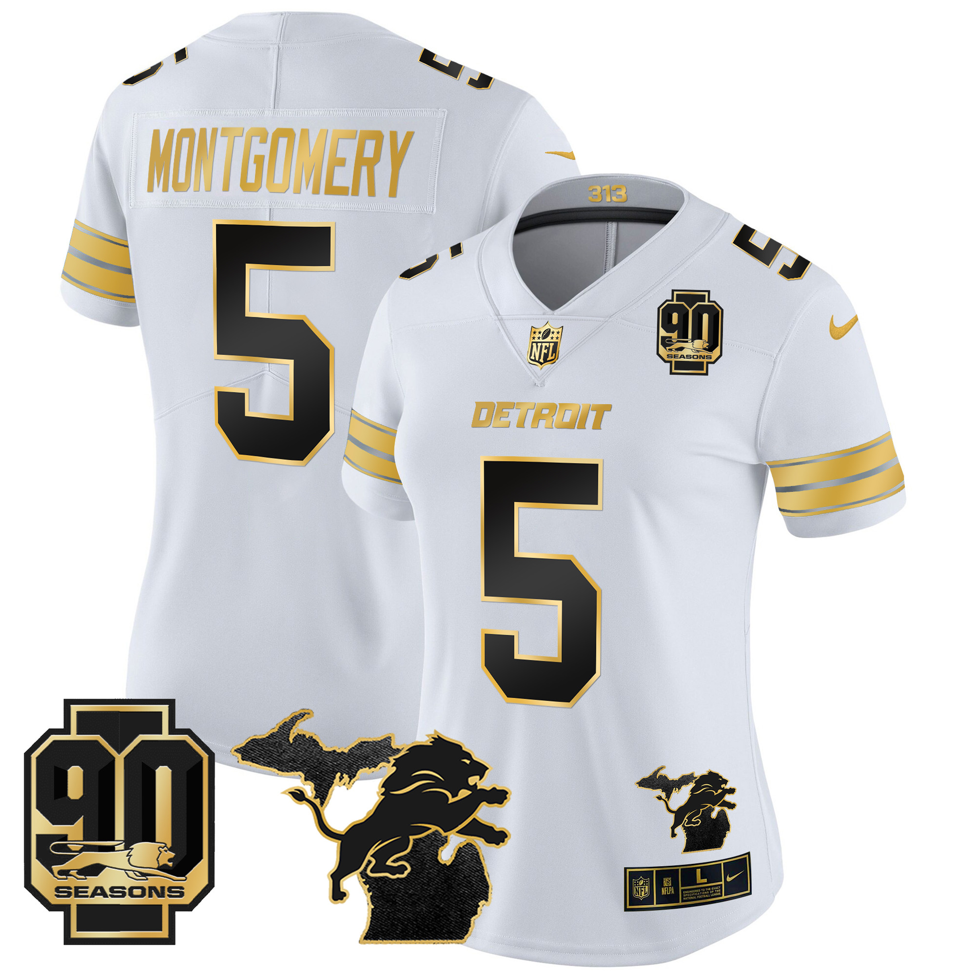 Women's David Montgomery Detroit Lions 2024 Michigan & 90th Year Patch Gold Vapor Limited White Gold Jersey - All Stitched