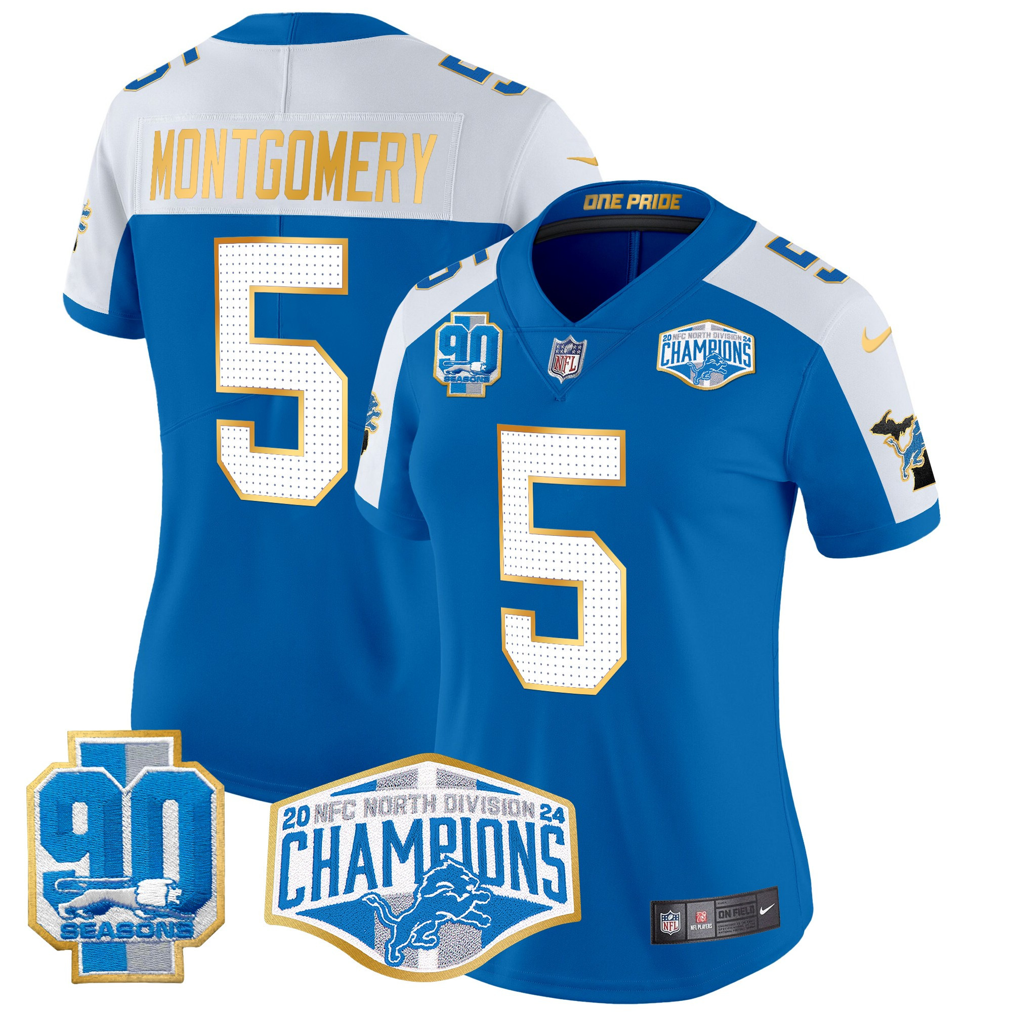 Women's David Montgomery Detroit Lions 2024 NFC North Division Champions Patch Gold Trim Vapor Limited Blue Alternate Jersey - All Stitched
