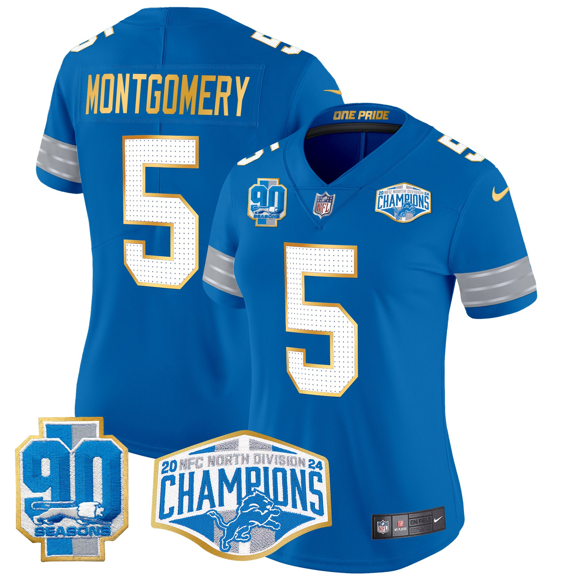Women's David Montgomery Detroit Lions 2024 NFC North Division Champions Patch Gold Trim Vapor Limited Blue Jersey - All Stitched