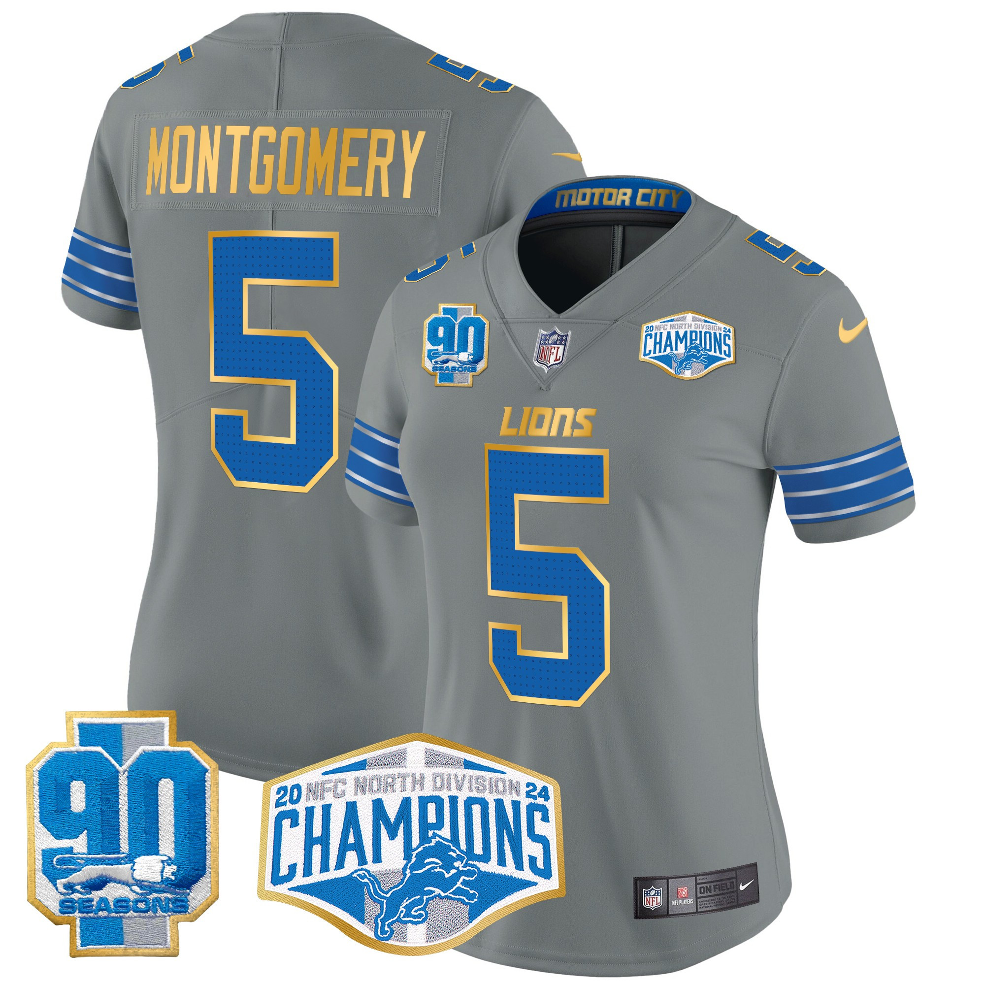 Women's David Montgomery Detroit Lions 2024 NFC North Division Champions Patch Gold Trim Vapor Limited Gray Jersey - All Stitched