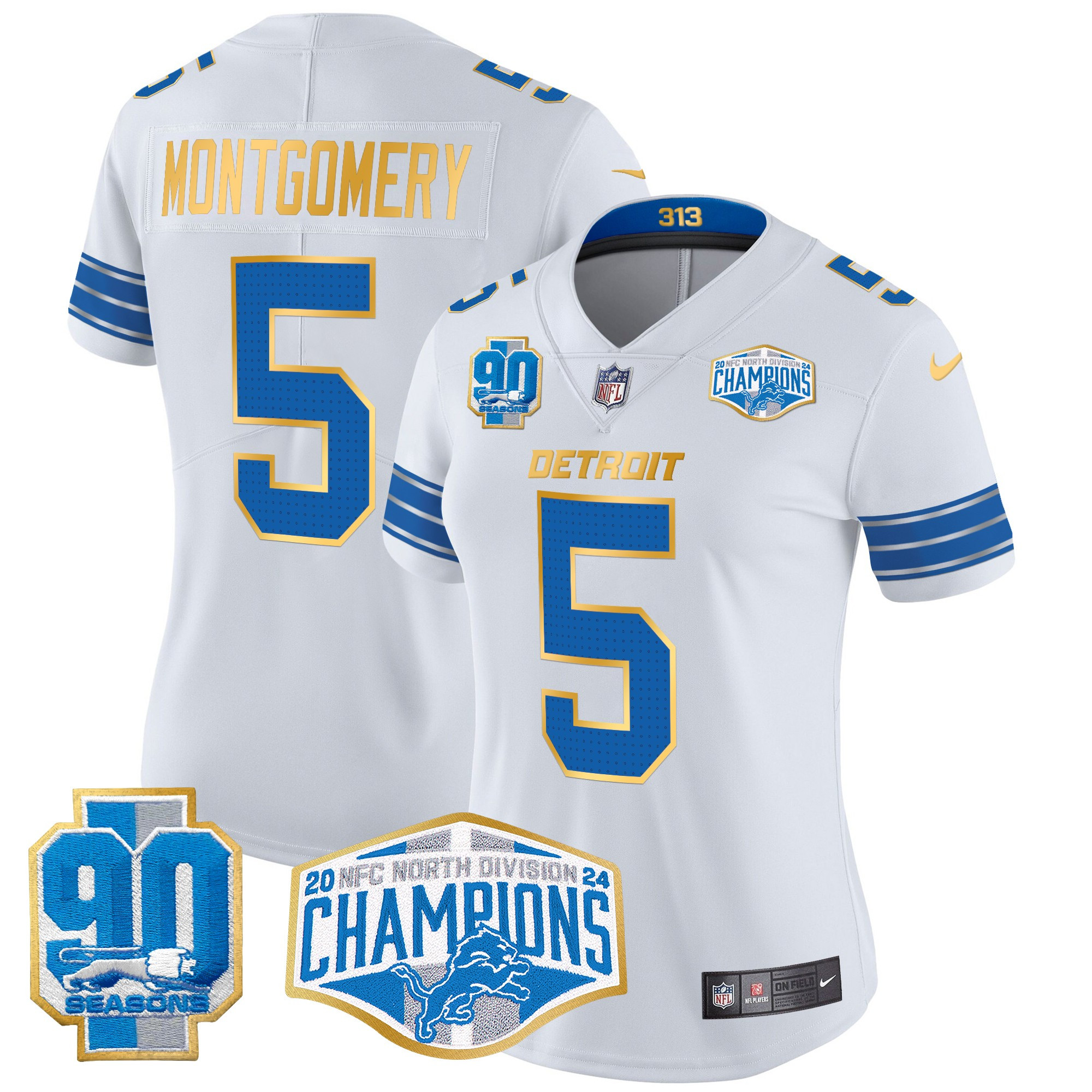 Women's David Montgomery Detroit Lions 2024 NFC North Division Champions Patch Gold Trim Vapor Limited White Jersey - All Stitched