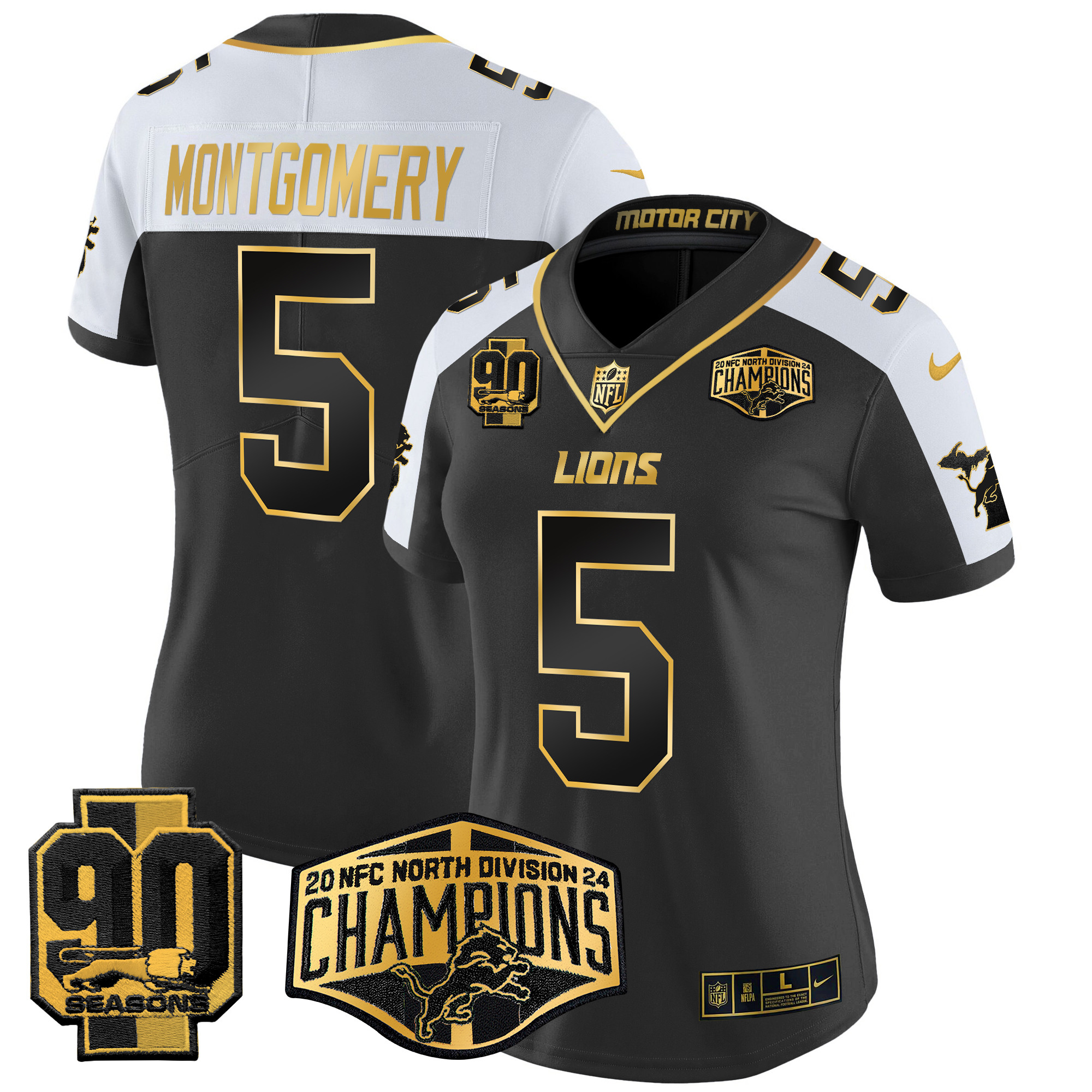 Women's David Montgomery Detroit Lions 2024 NFC North Division Champions Patch Gold Vapor Limited Alternate Jersey - All Stitched