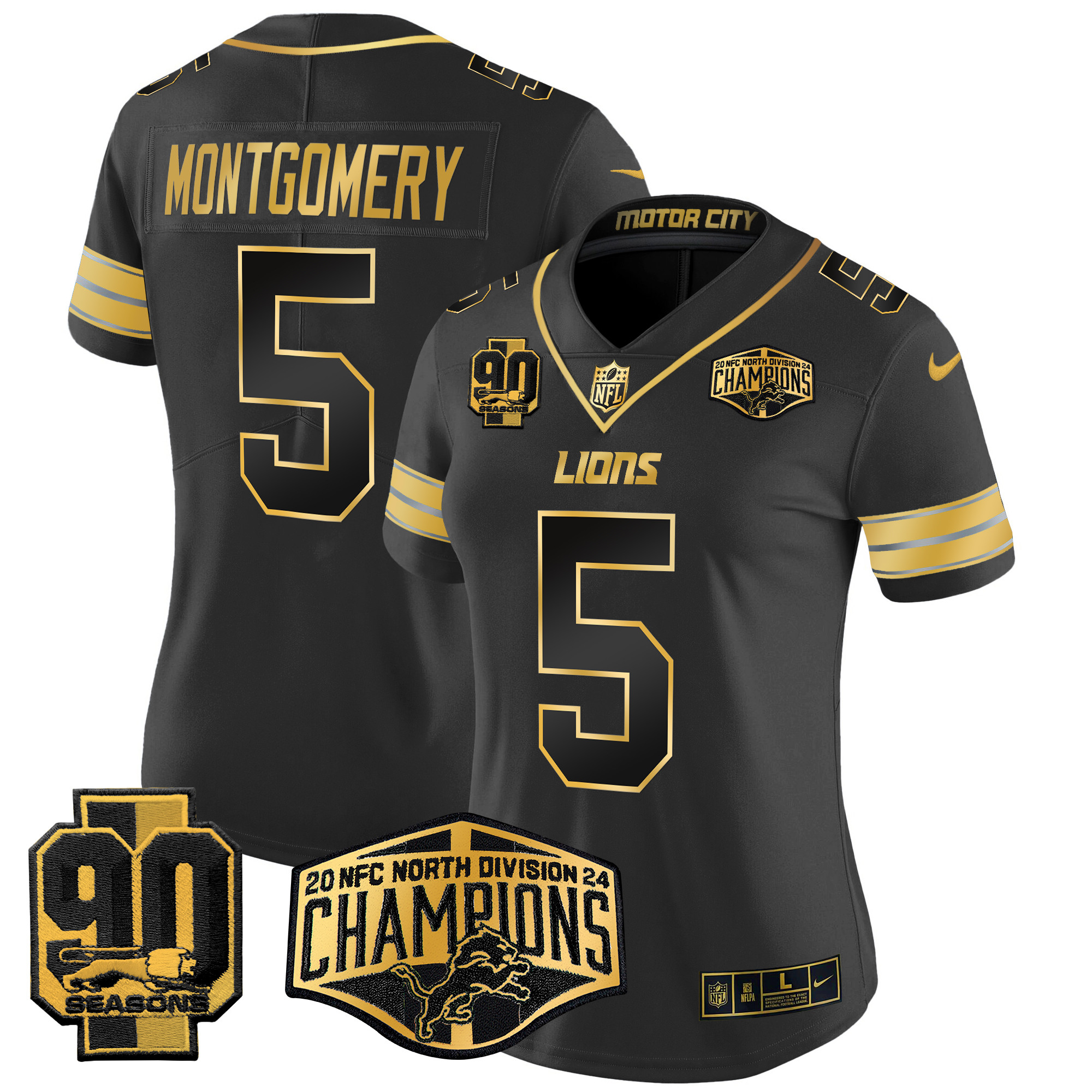 Women's David Montgomery Detroit Lions 2024 NFC North Division Champions Patch Gold Vapor Limited Black Gold Jersey - All Stitched