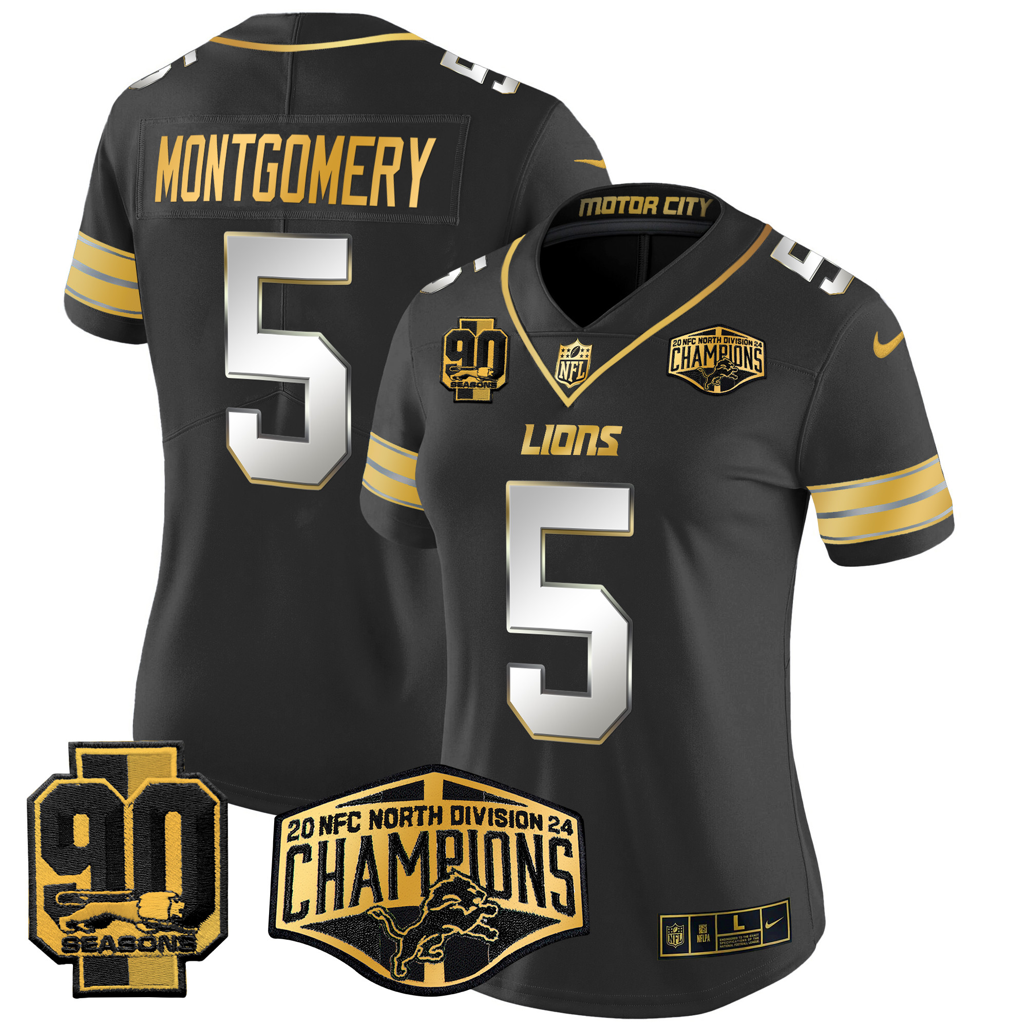 Women's David Montgomery Detroit Lions 2024 NFC North Division Champions Patch Gold Vapor Limited Black Limited Jersey - All Stitched