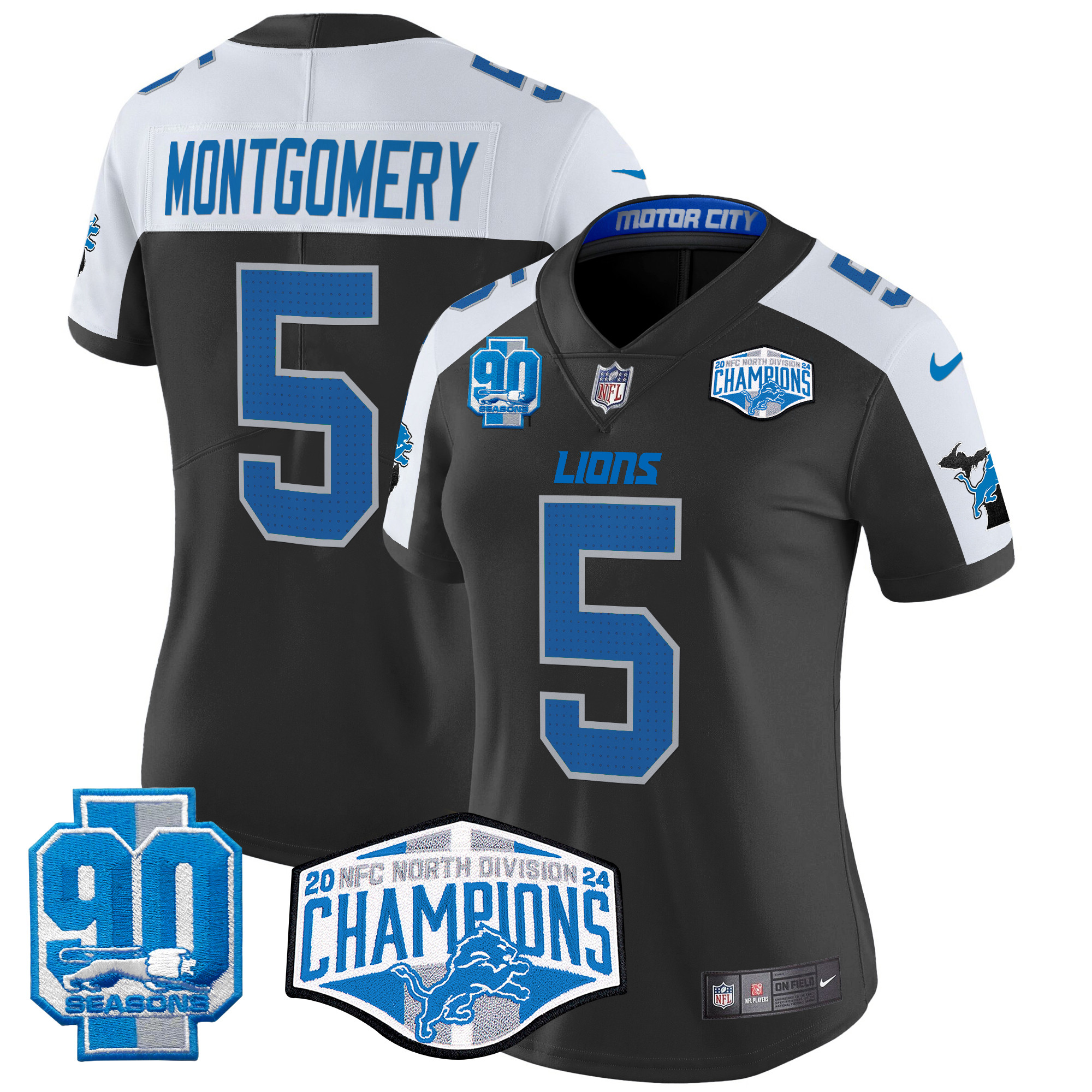 Women's David Montgomery Detroit Lions 2024 NFC North Division Champions Patch Vapor Limited Black Alternate Jersey - All Stitched