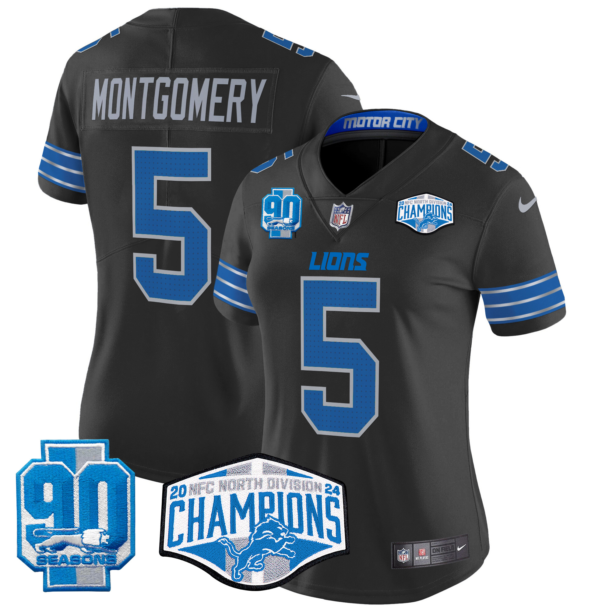 Women's David Montgomery Detroit Lions 2024 NFC North Division Champions Patch Vapor Limited Black Jersey - All Stitched