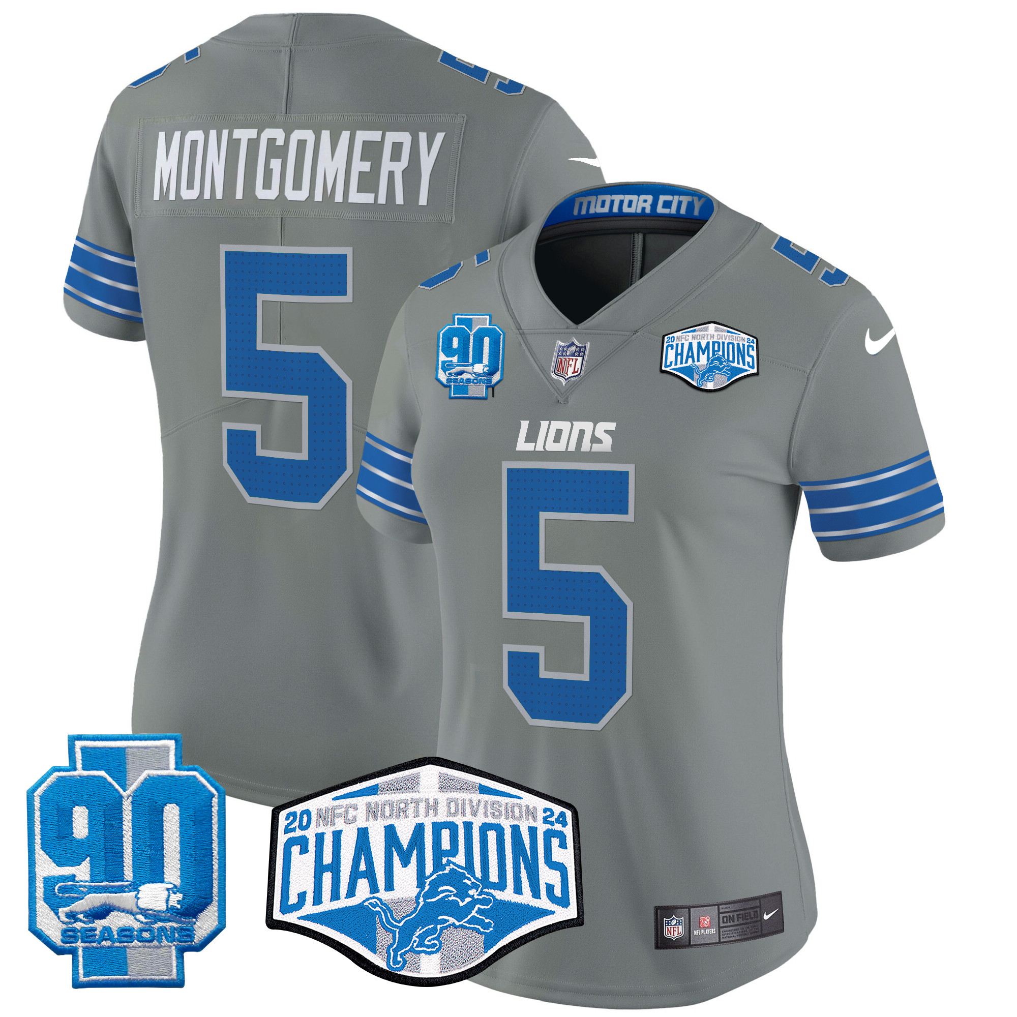 Women's David Montgomery Detroit Lions 2024 NFC North Division Champions Patch Vapor Limited Gray Jersey - All Stitched