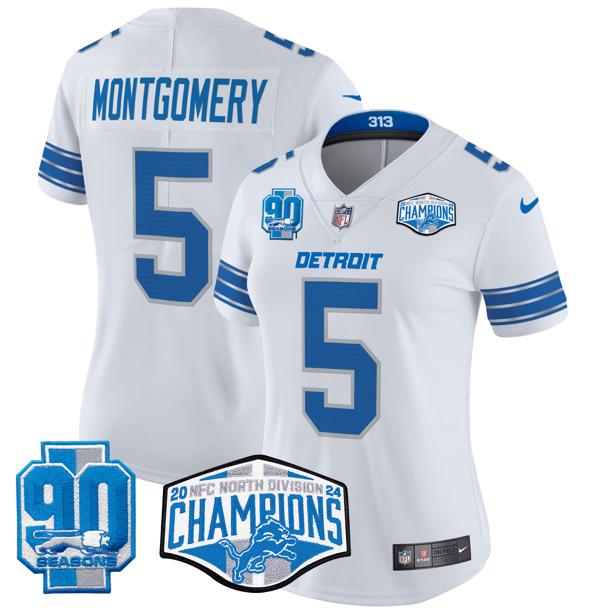 Women's David Montgomery Detroit Lions 2024 NFC North Division Champions Patch Vapor Limited White Jersey - All Stitched