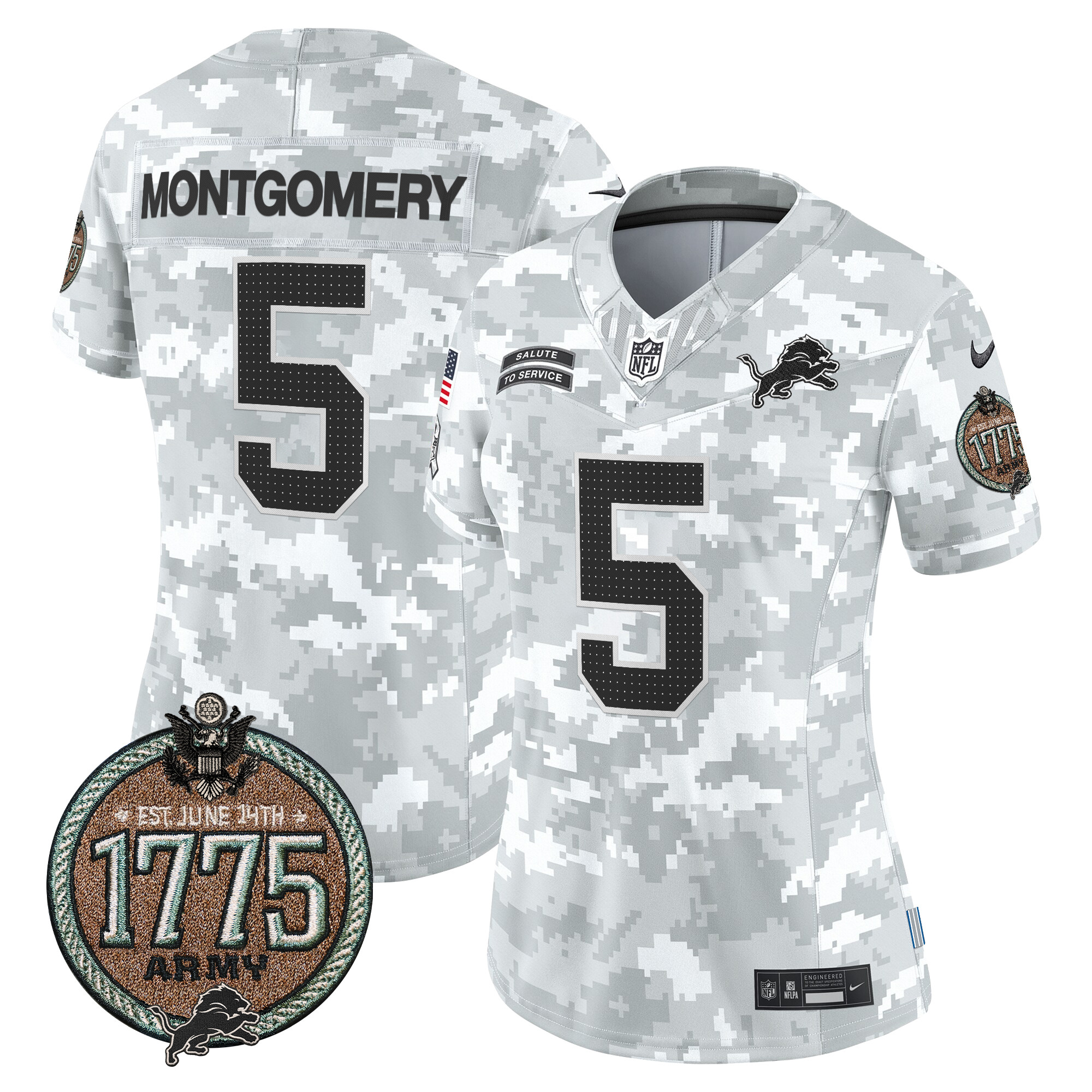 Women's David Montgomery Detroit Lions 2024 Salute to Service Establishment Year Patch Vapor Limited Army Jersey - All Stitched