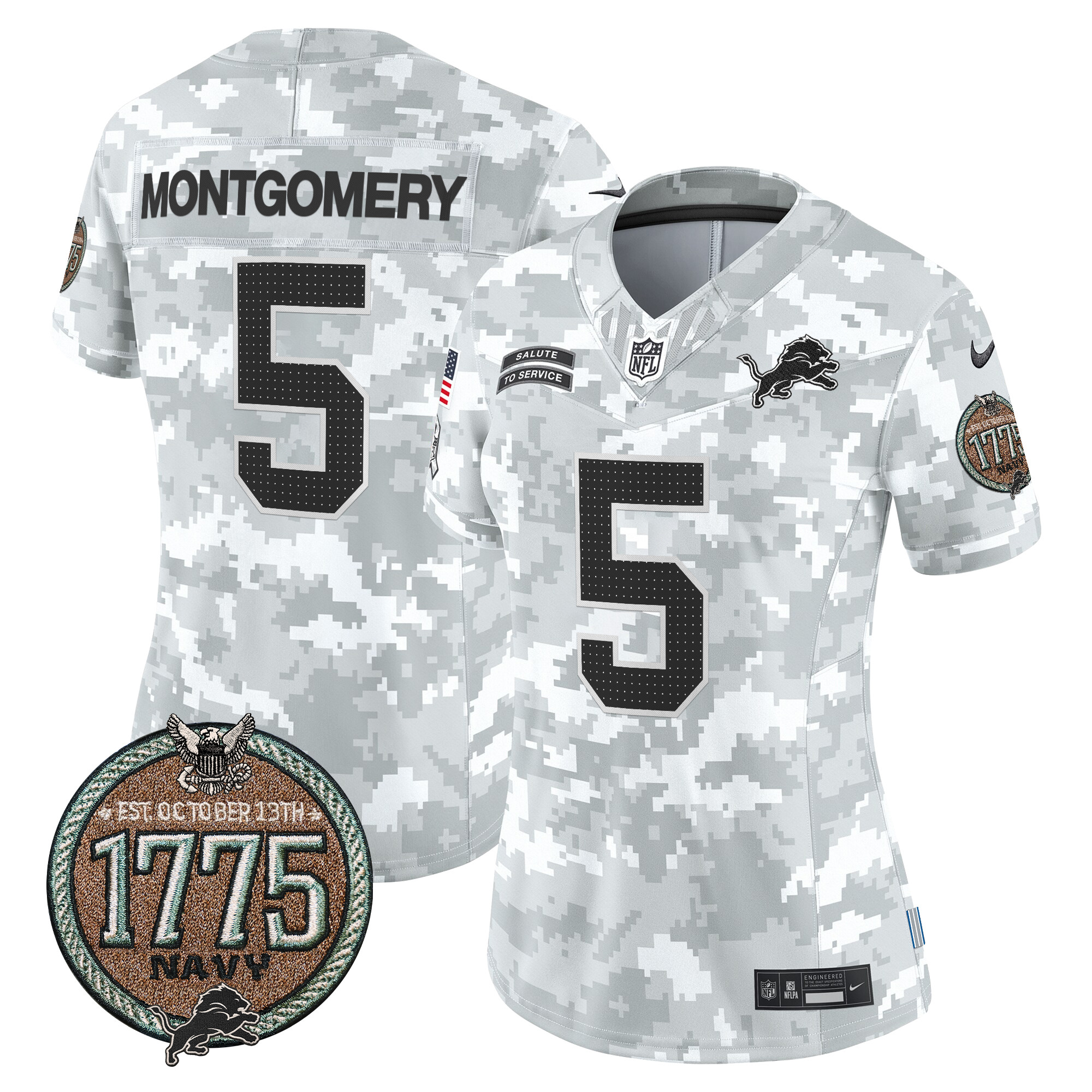 Women's David Montgomery Detroit Lions 2024 Salute to Service Establishment Year Patch Vapor Limited Navy Jersey - All Stitched