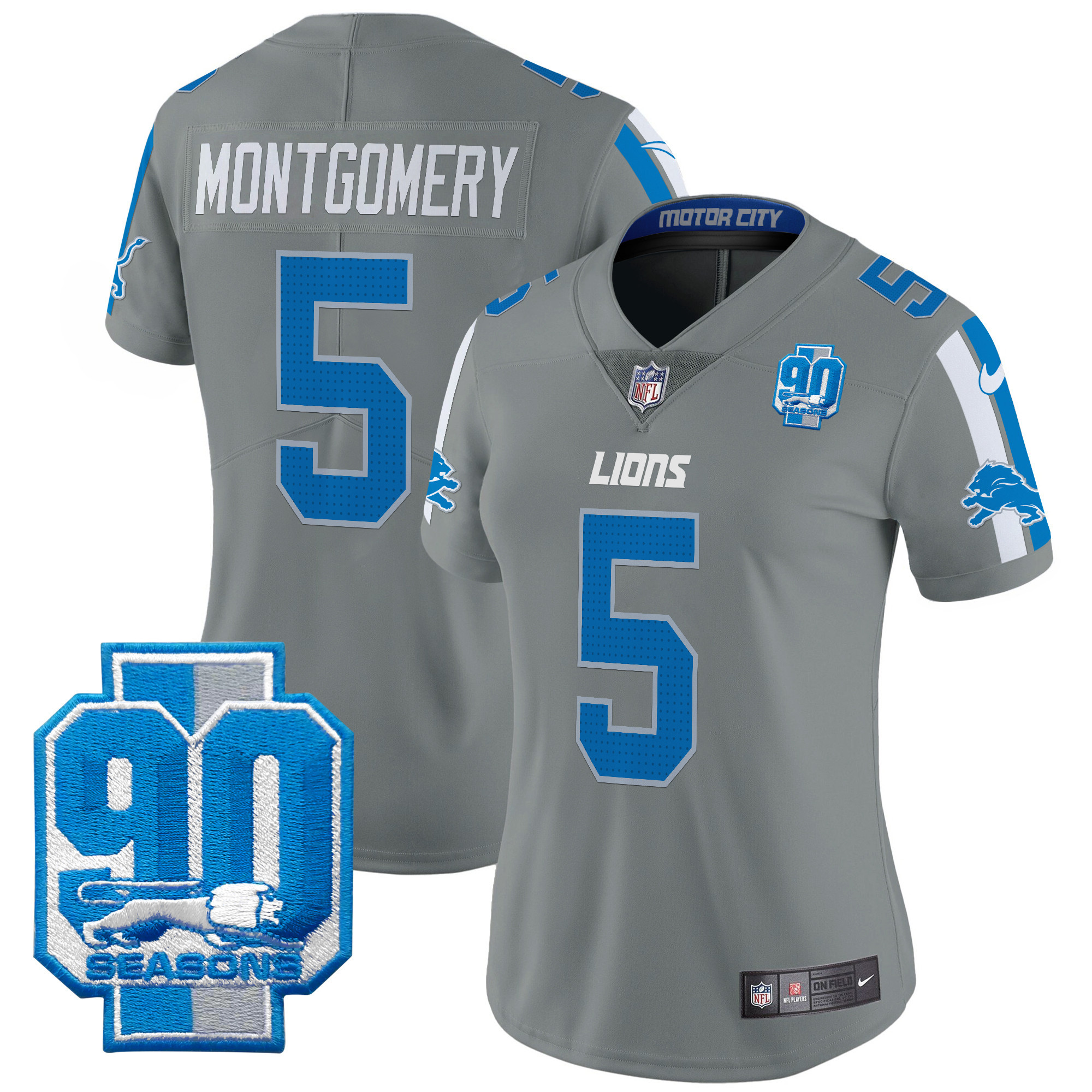 Women's David Montgomery Detroit Lions 90th Year Patch Vapor Limited Gray Jersey - All Stitched