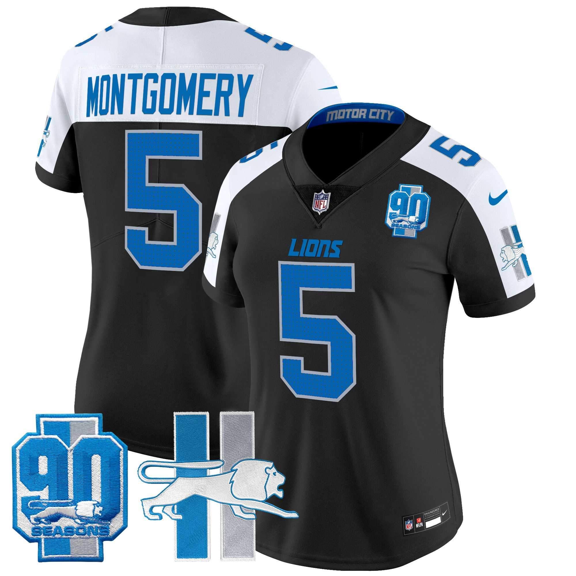 Women's David Montgomery Detroit Lions Throwback 90th Year Patch Vapor Limited Black Alternate Jersey - All Stitched