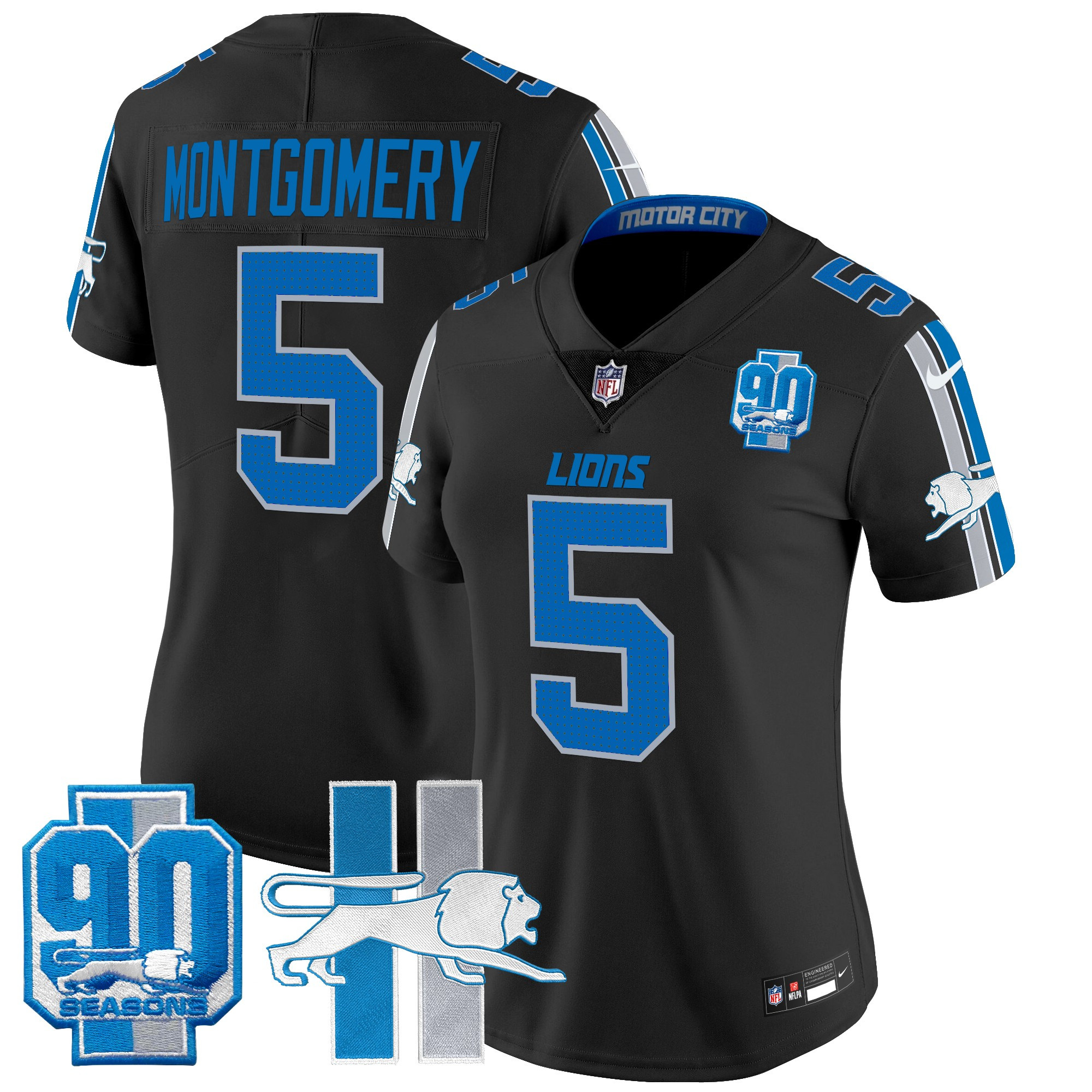 Women's David Montgomery Detroit Lions Throwback 90th Year Patch Vapor Limited Black Jersey - All Stitched