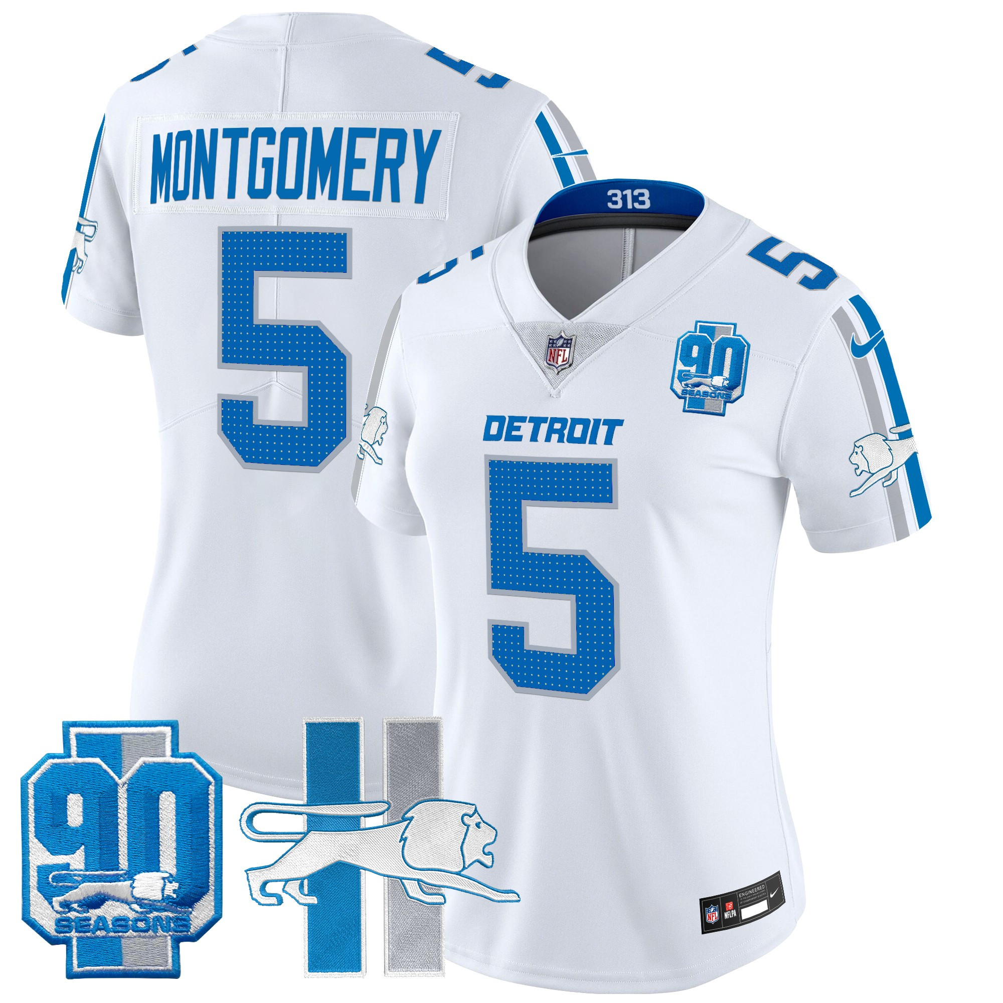 Women's David Montgomery Detroit Lions Throwback 90th Year Patch Vapor Limited White Jersey - All Stitched