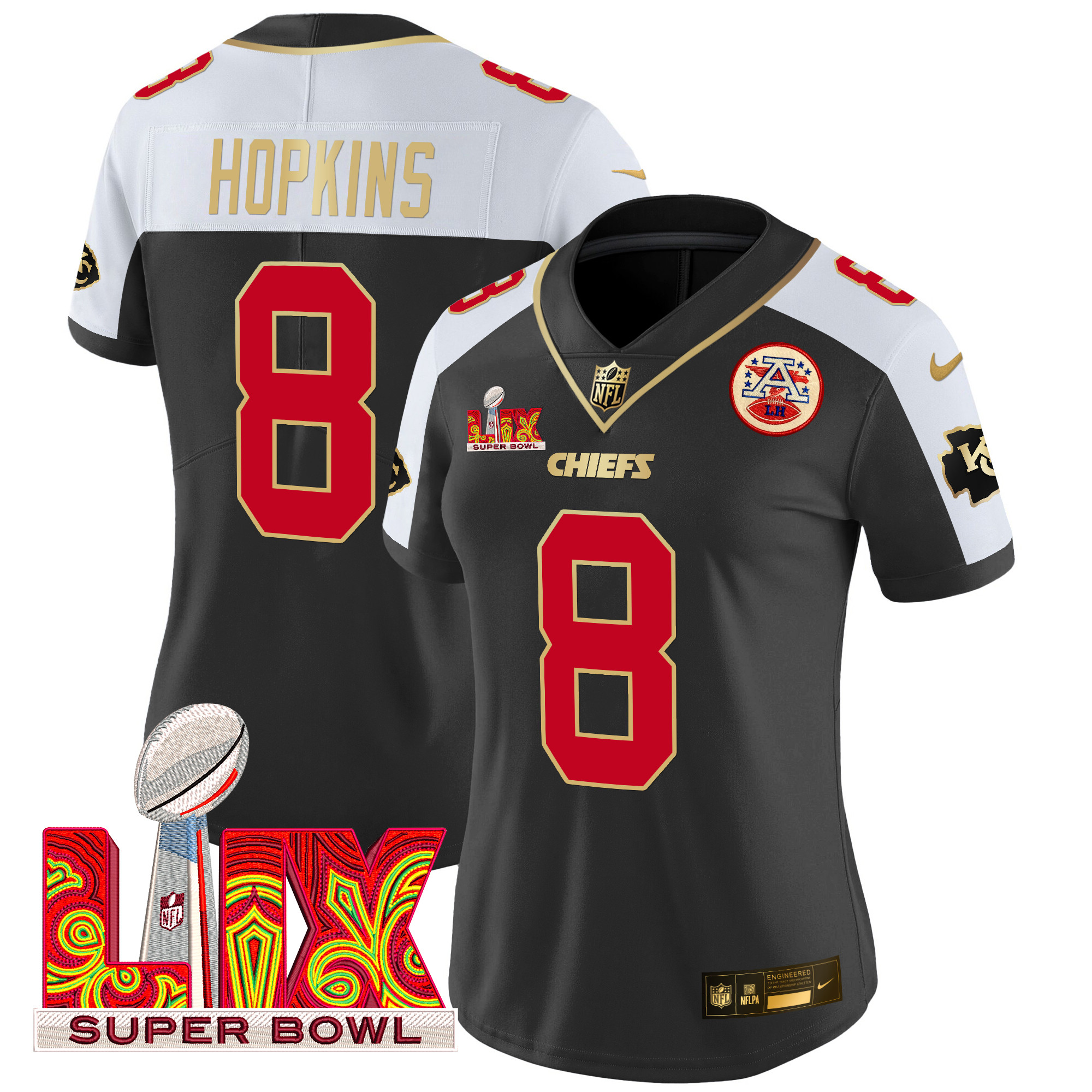 Women's DeAndre Hopkins Kansas City Chiefs Super Bowl LIX Patch Gold Trim Vapor Limited Black Alternate Jersey - All Stitched