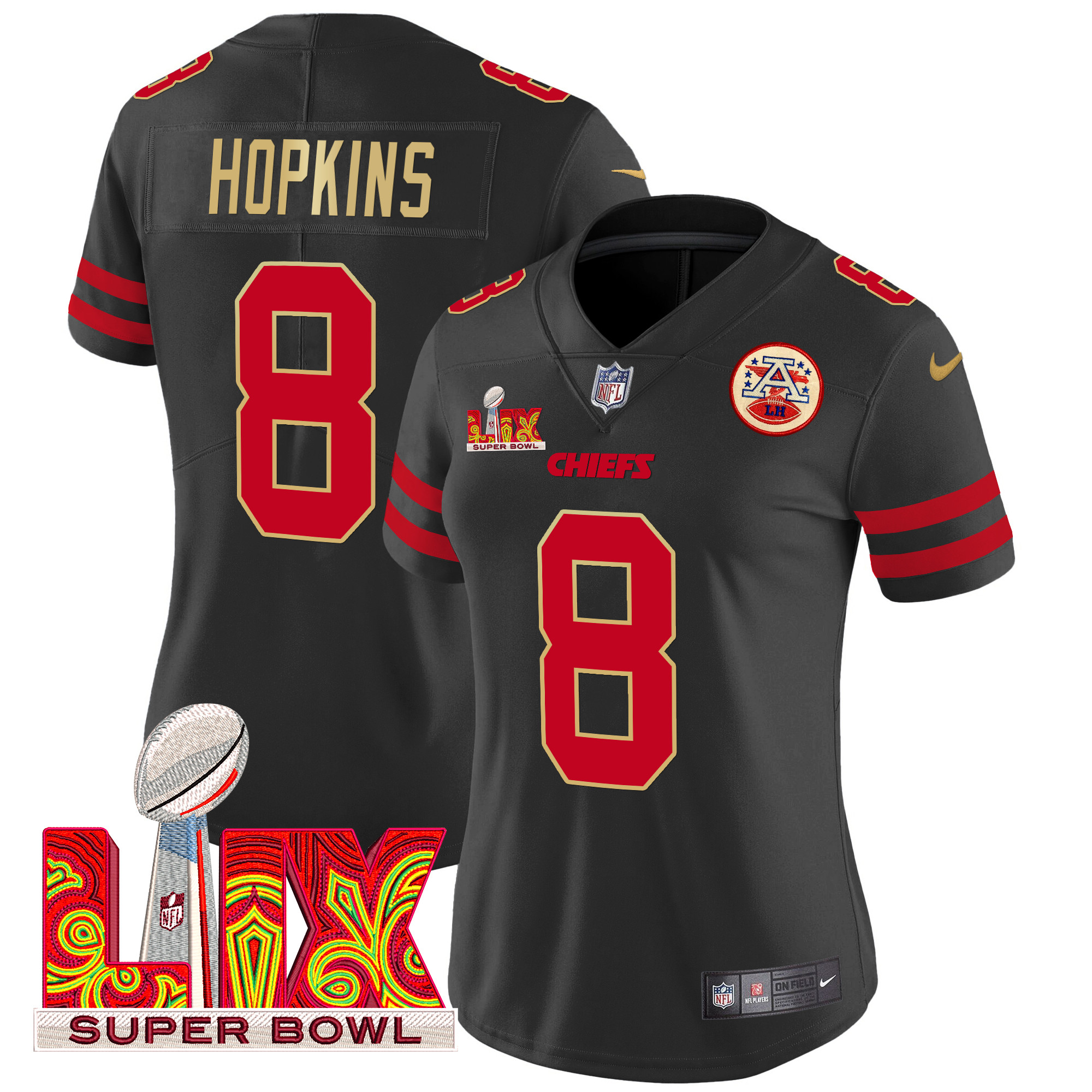 Women's DeAndre Hopkins Kansas City Chiefs Super Bowl LIX Patch Gold Trim Vapor Limited Black Jersey - All Stitched