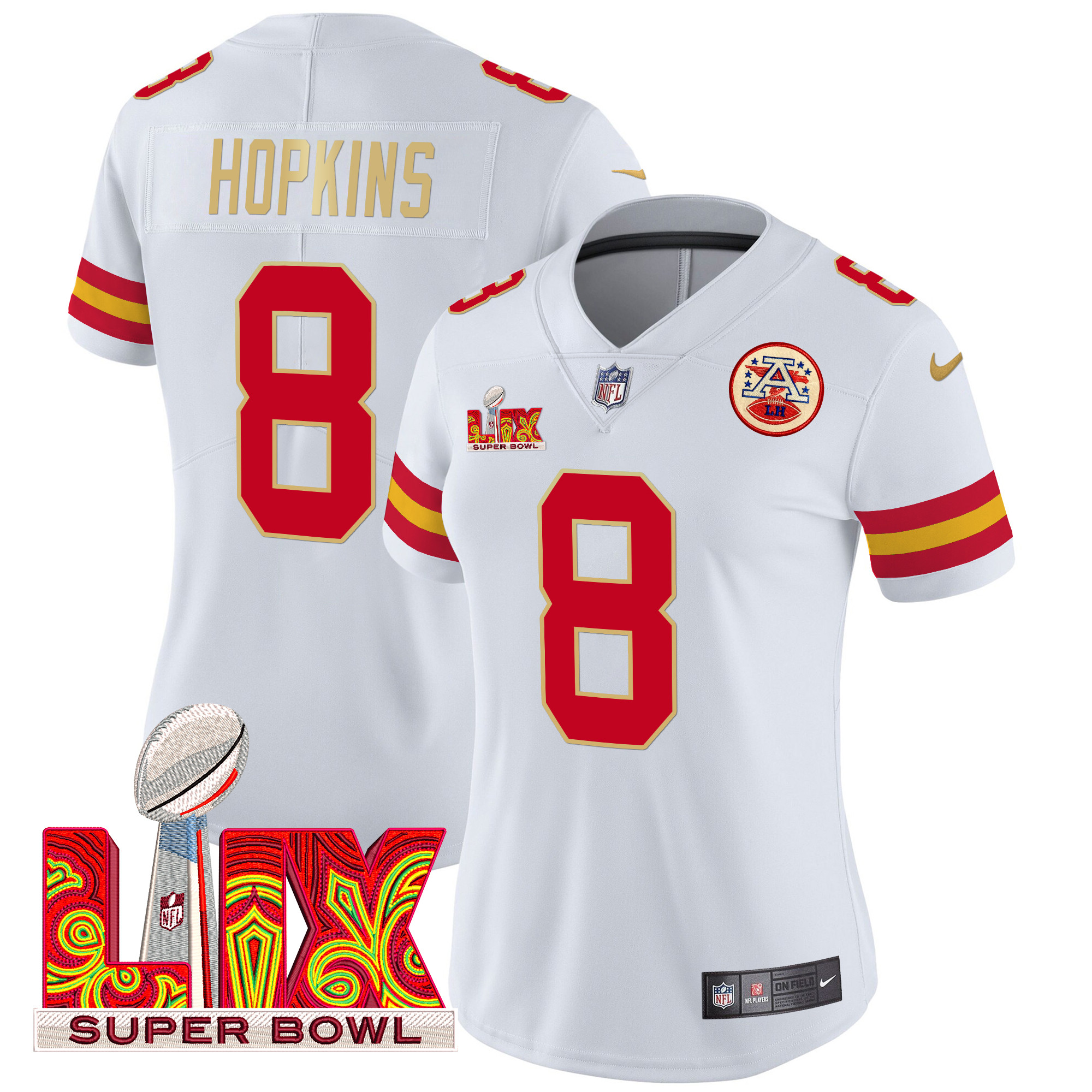 Women's DeAndre Hopkins Kansas City Chiefs Super Bowl LIX Patch Gold Trim Vapor Limited White Jersey - All Stitched