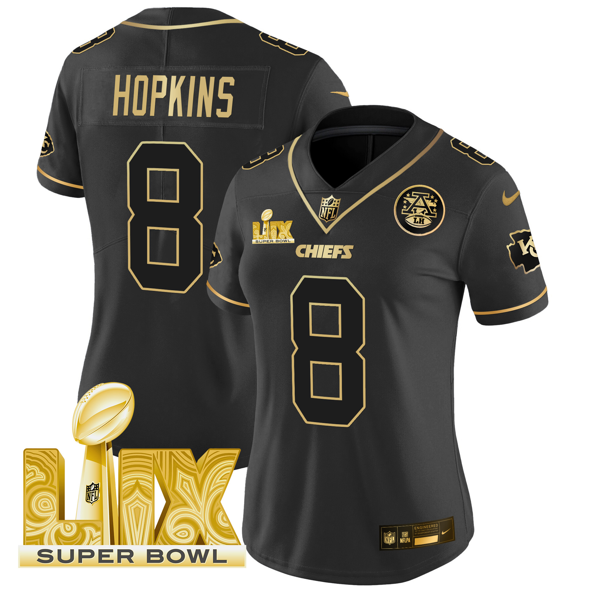 Women's DeAndre Hopkins Kansas City Chiefs Super Bowl LIX Patch Gold Vapor Limited Black Gold Jersey - All Stitched